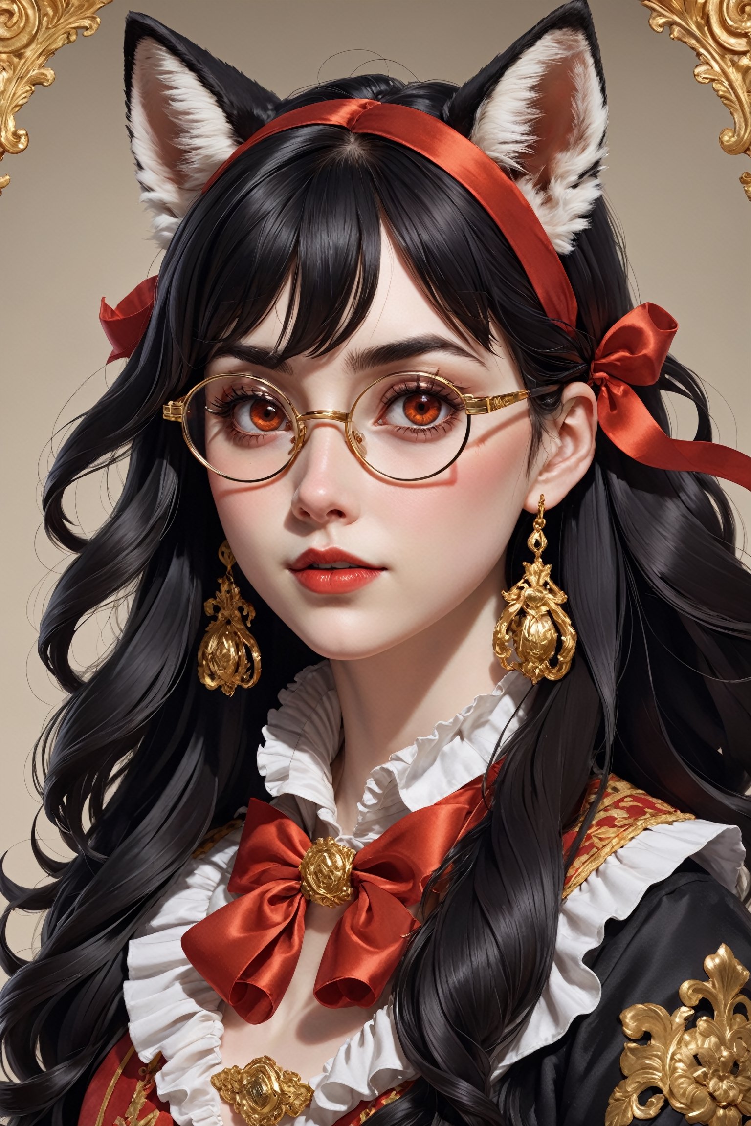 1girl, morbidly pale skin, fox-eared, long black sauvage hair, and a cold orange eyes,luxury gold glasses with glass cord,red lipstick, A frilly ribbon is wrapped around her narrow neck. The girl is wearing a velvet and brocade heraldic surcoat worn by male aristocrats.,Tekeli,black hair,portrait,monocle