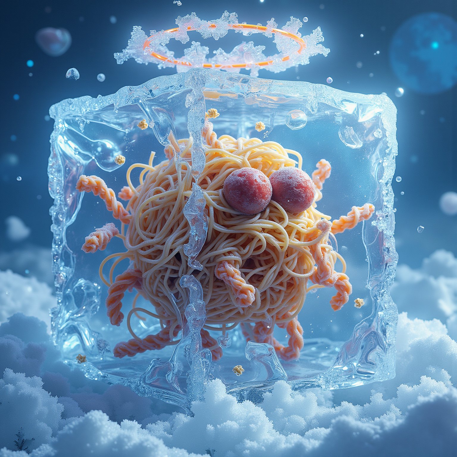 Flying Spaghetti Monster suspended in a giant cube of crystal-clear ice. Tangled mass of al dente spaghetti noodles forming its body, frozen mid-undulation. Two large meatballs for eyes, comically crossed and bulging against the ice. Numerous noodly appendages reaching out in all directions, some pressing against the ice's surface. Tomato sauce swirls frozen in time, creating abstract patterns within the ice. Parmesan cheese flakes suspended throughout like snow. Floating colander halo above its head, partially obscured by frosty patterns on the ice. Tiny air bubbles trapped in the ice, some forming pasta-shape bubbles. Ethereal glow emanating from the center of the spaghetti mass. Surrounding the ice cube, a cosmic background with distant galaxies and nebulae. Hyper-detailed textures of pasta, sauce, and ice formations. 8K resolution, surrealist art style blending photorealistic elements with cartoonish exaggeration. Dynamic composition showcasing the absurdity and grandeur of the scene.,Frozen,concept_art