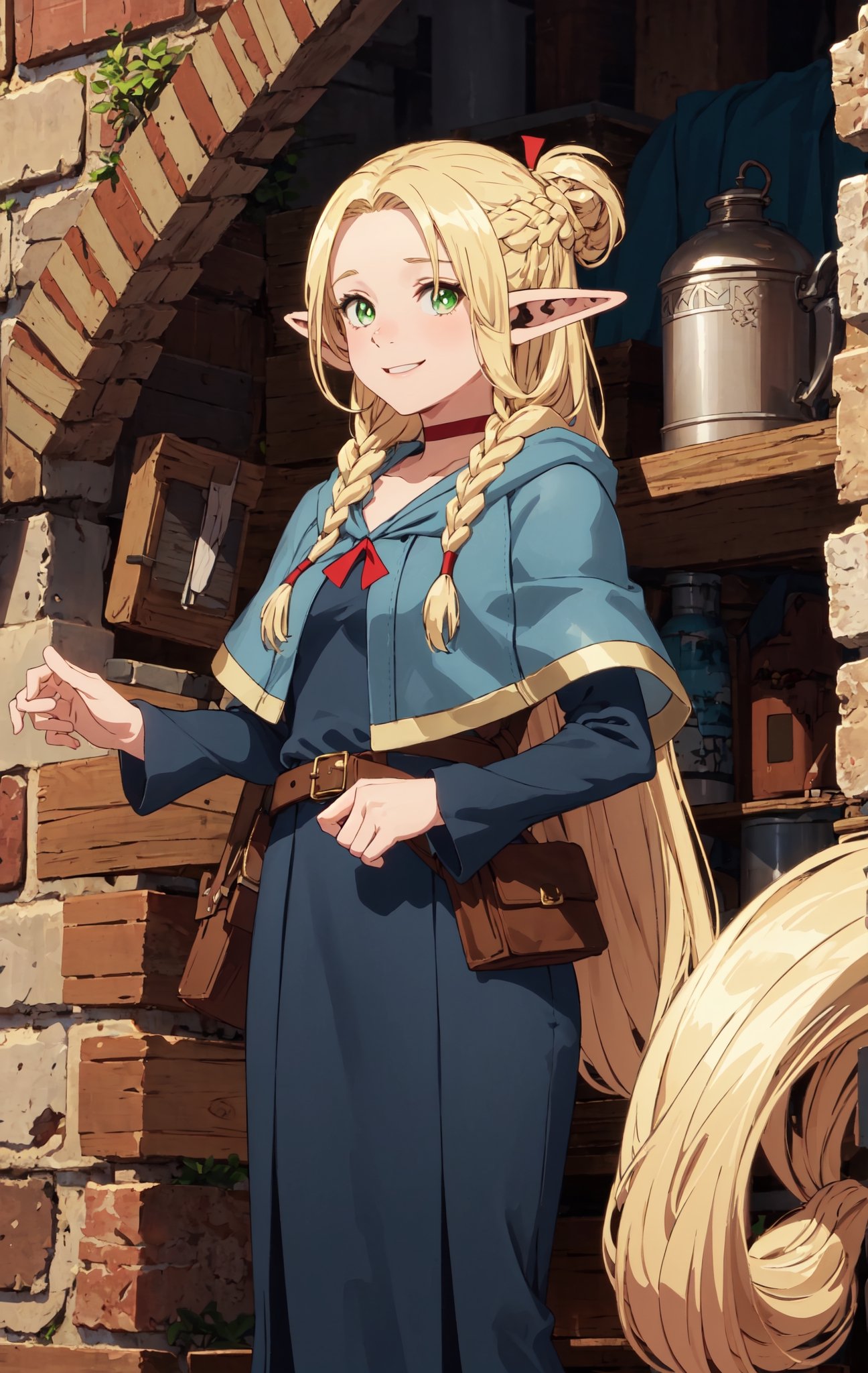 ,dmeshimarcil,robe,choker,belt,capelel,solo,portrait,masterpiece, best quality, 1 ELF girl, blonde hair, pointy elf ears, green eyes, blonde braid long hair, smile, sandals, belt, looking at viewer, fantasy dungeon background, dress, pouch, bag, capelet, robe, hair ornament, elf, blonde hair, 1girl, FFIXBG, long hair, braid, twin braids,giggling,