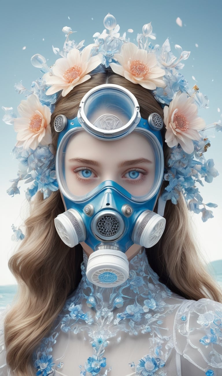 ultra Realistic, Extreme detailed, 1 girl 12years old, transparent respirator on facethe crown, 
can't believe it's out of this world Beautiful blue eyes,soft expression,Depth and Dimension in the Pupils,
wearing a transparent bodysuit,made entirely of beaded floral embellishments,
the skin color is closer to white,gas mask,
Christmas Fantasy World