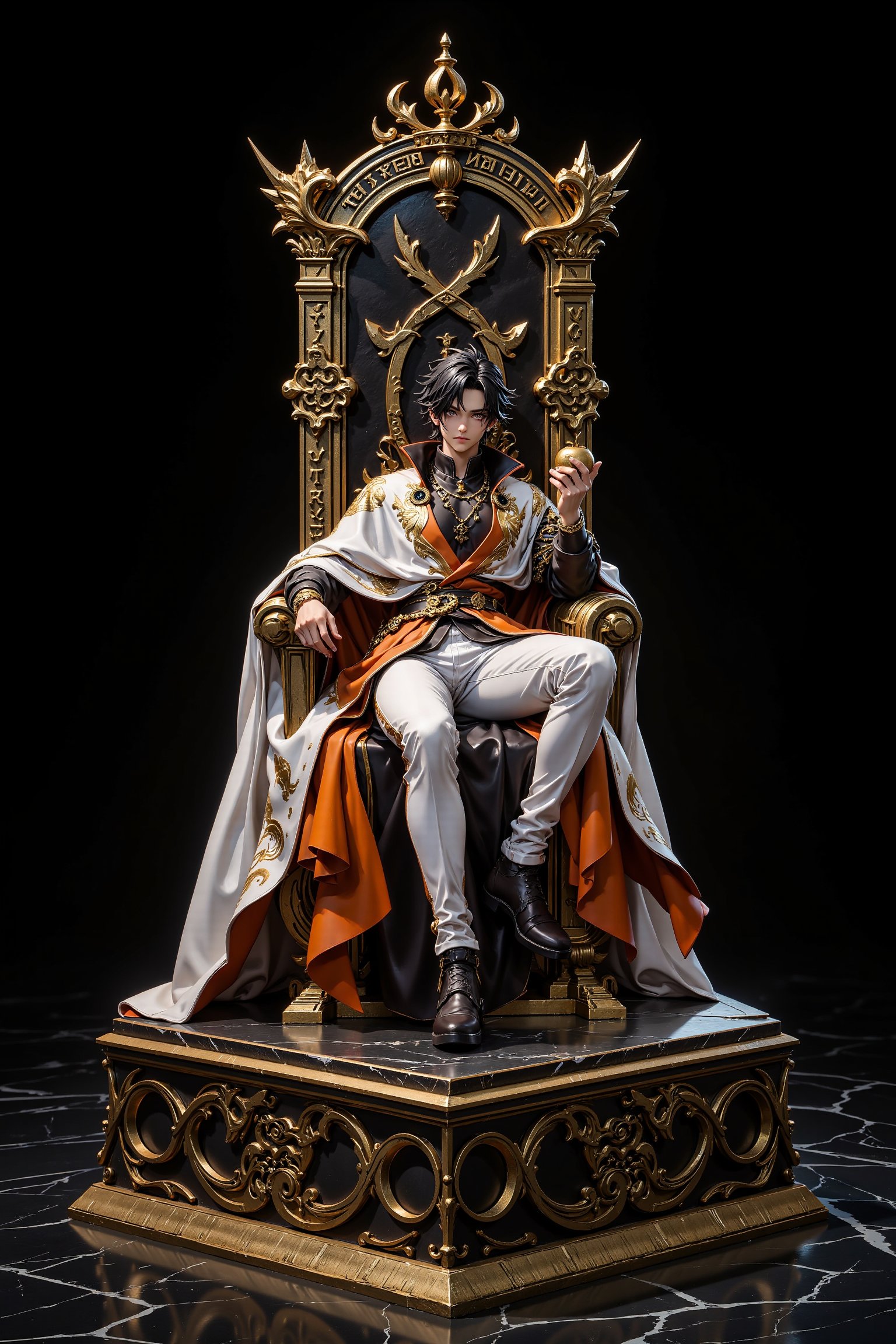 3D, Figure, Highly detailed anime figure, A young male character sits on a giant throne with glittering golden runes. Elegant white and black outfit with golden trim fits snugly to his body. Flowing cape, orange on the inside, dark messy hair, sharp features wearing a small crown. Attractive golden accessories, character lounging casually, holding a golden apple in one hand, figure on a square gold and black pedestal. Ultra-realistic texture, glossy finish. Crisp contrast of black, white and gold elements. Dramatic lighting enhances the 3D effect. Marble-like background. Professional product photography style, slightly angled view. Ultra-high resolution, cinematic color grading highlighting the gold and black colors. The scale figure is approximately 1/7 and highlights the exquisite craftsmanship.