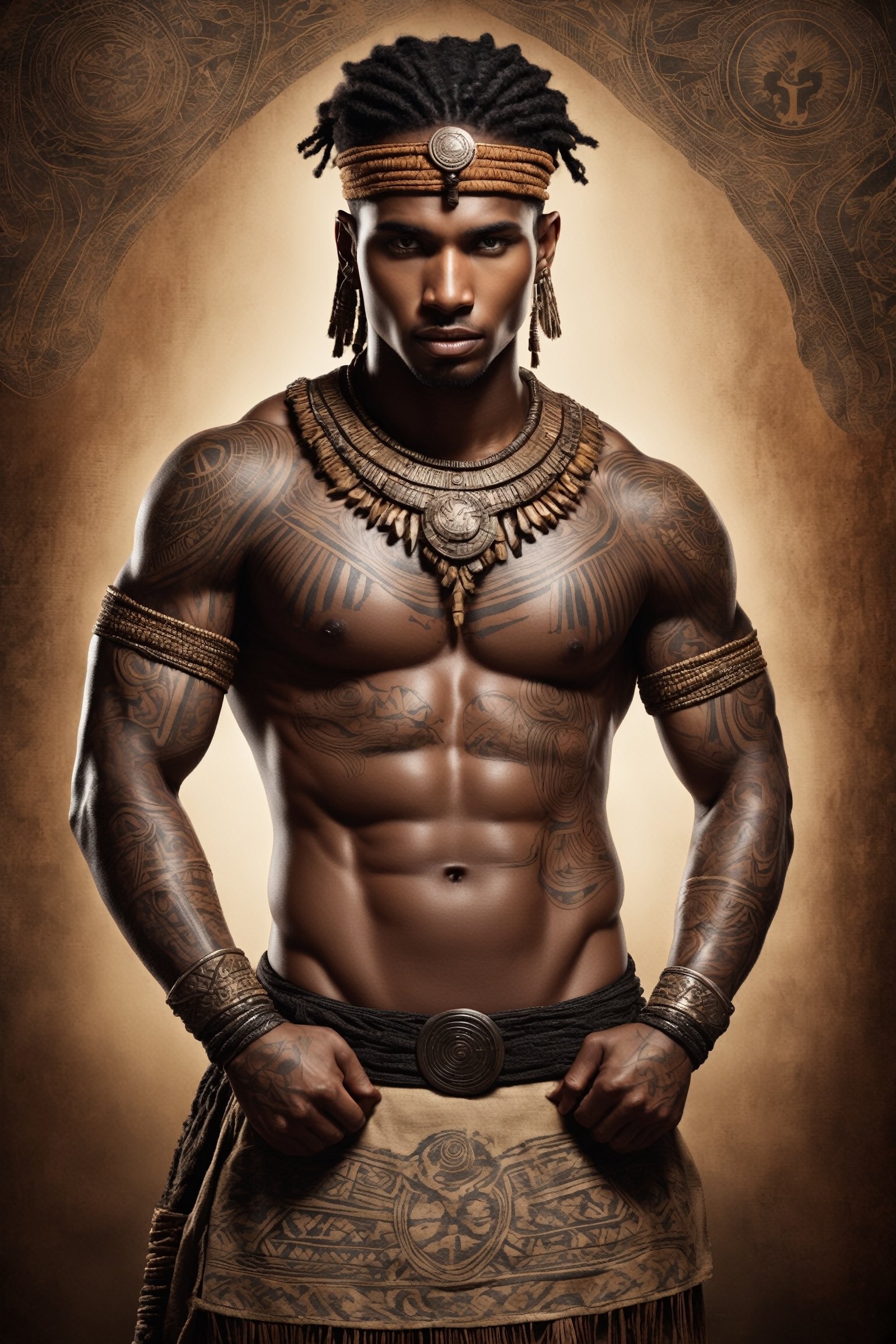 A robust ancient African warrior adorned with intricate tattoos, showcasing a rich tapestry of cultural symbols and tribal artistry. The warrior's physique reflects strength and resilience, and the tattoos, carefully etched across their body, tell stories of heritage, achievements, and rites of passage. This representation celebrates the ancient traditions and artistry of African warriors, creating a visual tapestry that captures both strength and cultural identity.,Stylish