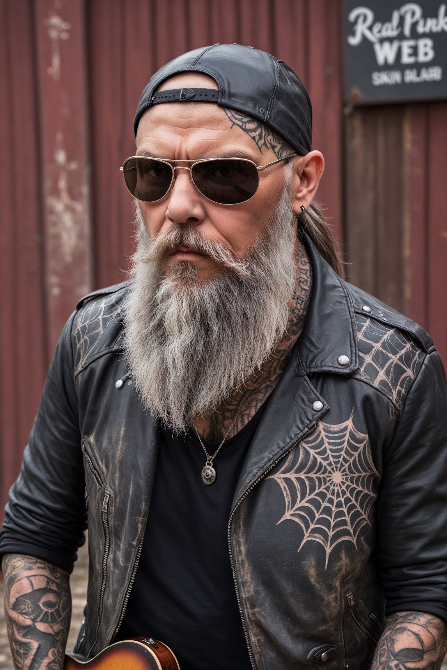 Ultra-realistic photo, Tim Armstrong,((real punk rock artist)), middle-aged man, 60 years old, (skin head:1.5), (spider web tattoo on head:1.4), Ray-Ban sunglasses, (very long beard), old worn leather jacket, black shirt, rebellious attitude, faded wooden guitar, beard,Extremely Realistic,Complete,perfect hand,FuturEvoLabTattoo,with a beard