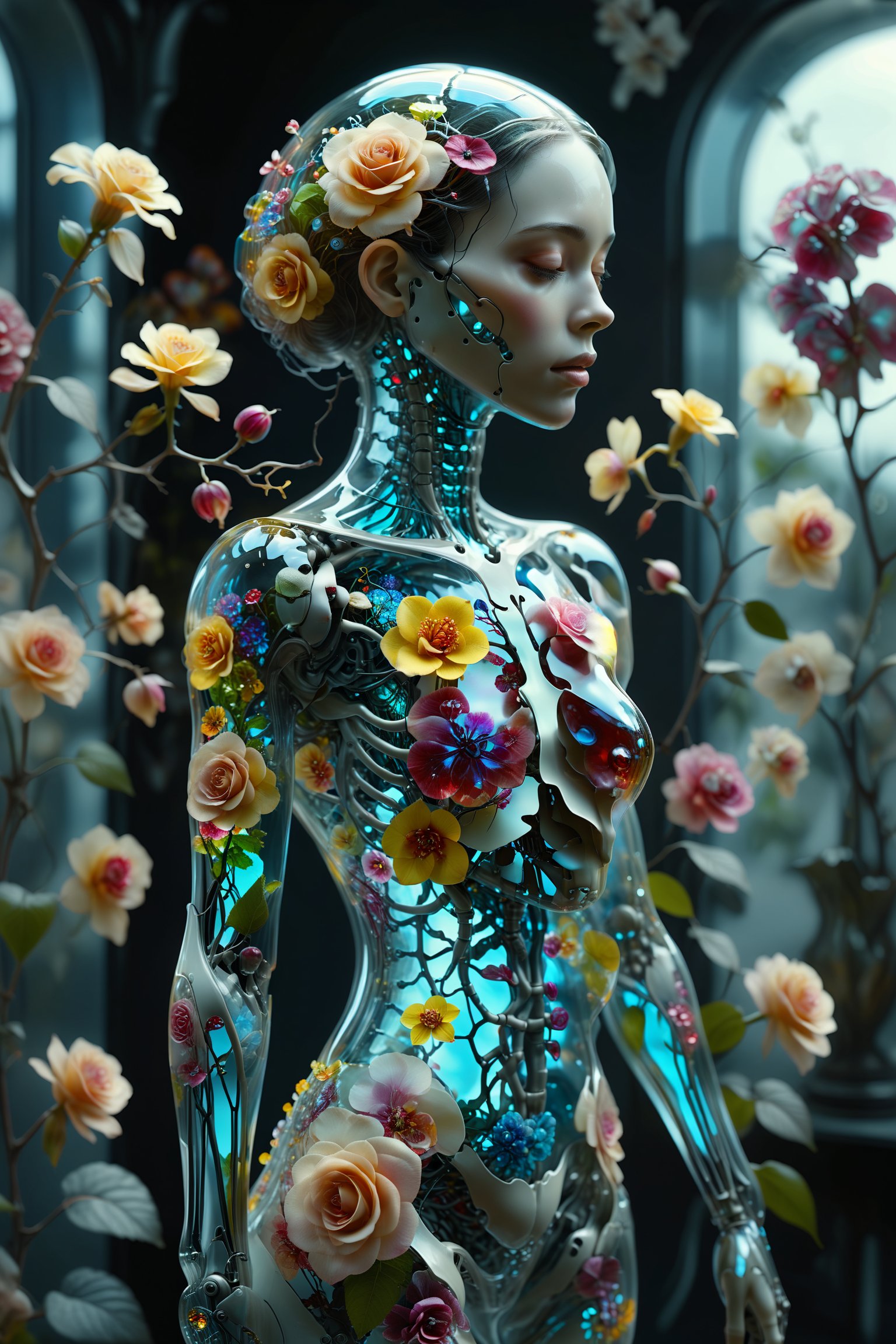 1girl,solo,"Transparent glass female cyborg. Skeleton and organs made of vibrant flowers. Mechanical joints visible. Heart of roses, lungs of hydrangeas, brain of orchids. Flowers spilling from slight cracks. Soft backlighting emphasizing transparency. Elegant pose. Simple futuristic background. Photorealistic style with high detail on glass and floral elements.",Clear Glass Skin,tranzp