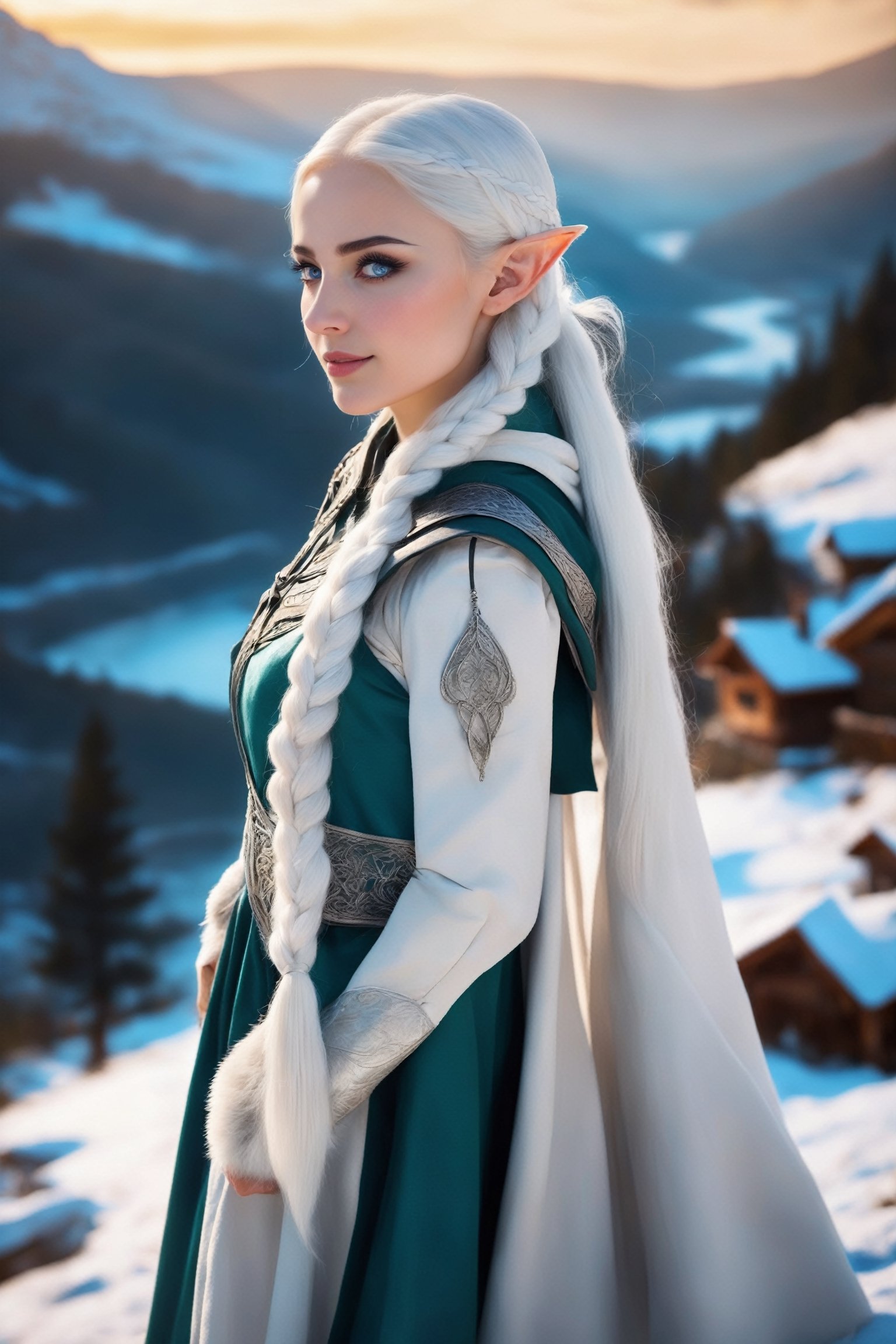 Extreme detailed,ultra Realistic,
beautiful young ELF lady,platinum silver shining hair, long elvish braid, side braid, blue-grey eyes,elf ears,
Wearing leather tunic, hooded cloak, animal fur hood, intricate clothing, animal fur clothing, dark clothing, waistband, scarf, soft smile, bending posture, looking into the distance, 
snowy mountain scenery, overlooking valley, river, white clouds, seen from behind,ol1v1adunne,Eyes,dal
