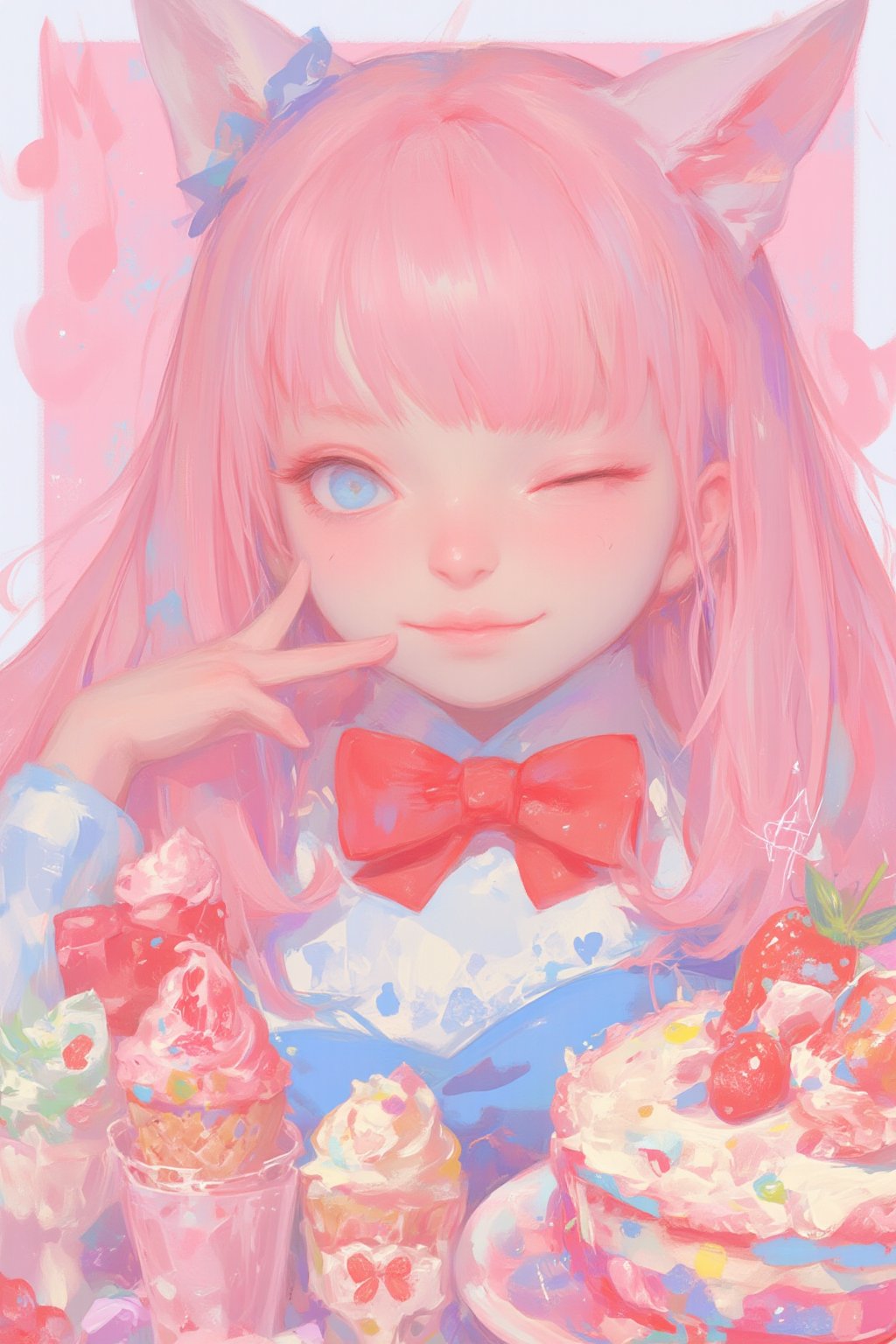 Vibrant colorful anime-style illustration,  cheerful cat girl, long pink hair and cat ears,She's winking playfully, 
round eyebrows,
Wearing a light blue and white outfit with red bow tie,strawberry cake, ice cream cones, and musical notes. Background filled with pastel pink and purple colors. Kawaii style, highly detailed, digital art,Playful and energetic atmosphere. Chibi style elements. Sharp, crisp lines. Bright, saturated colors. 2D art style.,dal style,animaport,lyh,lyh_niji