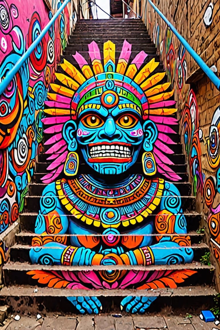 masterpiece, best quality, stair-art, stairs art, alleyway's exterior featuring a vivid representation of Tezcatlipoca,