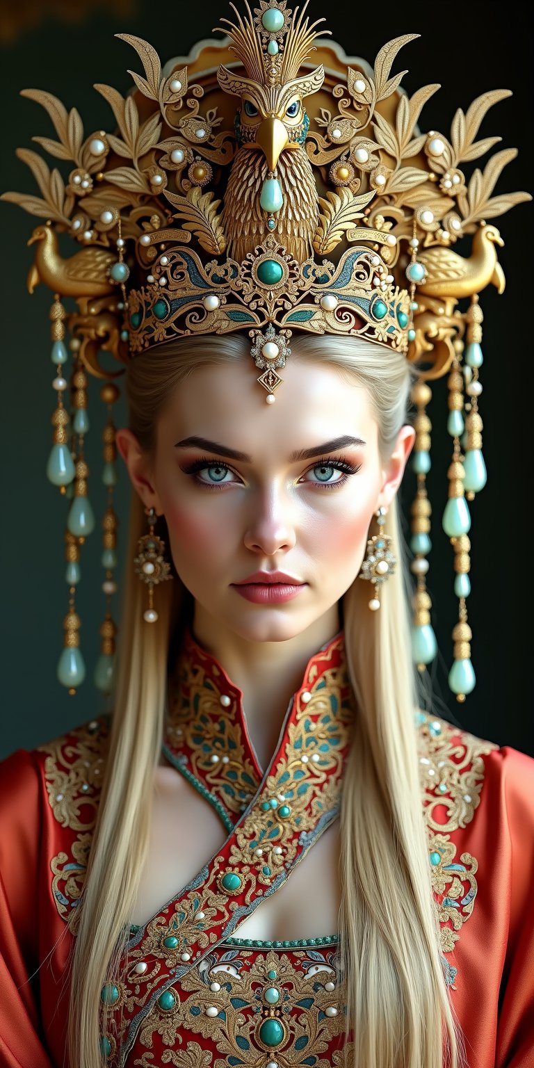 A stunning (Ukrainian woman), wearing an opulent ancient Chinese empress costume,Her Slavic features, -blue eyes and fair skin, contrast beautifully with the ornate Chinese attire, Elaborate headdress adorned with gold filigree, jade beads, and hanging pearls. Intricate phoenix crown with delicate golden leaves and gemstones. Layered silk robes in rich red and gold, embroidered with dragons and auspicious symbols, Wide, flowing sleeves with detailed embroidery, Ornate collar piece studded with precious stones,Traditional Chinese makeup subtly adapted to complement her Eastern European features,Long blonde hair partially visible beneath the headdress,Beautiful woman,Photorealistic,Fantasy detailers 