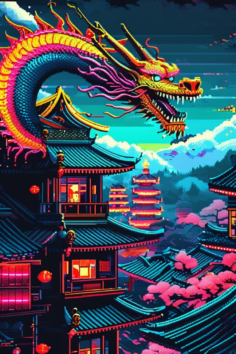  Pixel art,Kyoto Animation stylized anime, mixed with tradition Chinese artworks,dragon flying at modern cyberpunk fantasy world, Cinematic Lighting, ethereal light, intricate details, extremely detailed, incredible details, full colored, complex details, insanely detailed and intricate, hypermaximalist, extremely detailed with rich colors. masterpiece, best quality, aerial view, H,Ap0l0gr4ph1c,Pixel Art 