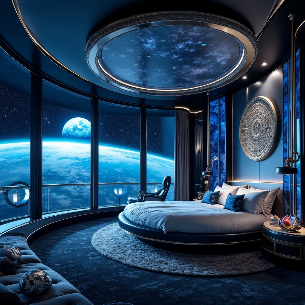 
"Opulent lunar hotel suite with sleek, futuristic design. Expansive floor-to-ceiling windows dominate one wall, offering breathtaking views of star-studded space and the luminous blue Earth suspended in the void. Plush, gravity-adjustable king-size bed with silky silver sheets and a hovering canopy.
Walls adorned with interactive holographic art displays showing cosmic phenomena. Floating orb lights mimicking celestial bodies illuminate the room. Luxurious bathroom features a zero-gravity shower enclosure and a levitating bathtub filled with oxygenated liquid.
Lounge area with low-gravity seating pods upholstered in shimmering fabric. Smart glass coffee table doubles as a 3D star map. Minibar stocked with exotic space-cultivated delicacies and cocktails in anti-gravity spheres.

Private airlock leads to a personal observation deck with telescopes and augmented reality stargazing equipment. Climate-controlled atmosphere replicates Earth's most perfect day.,FuturEvoLabRoom