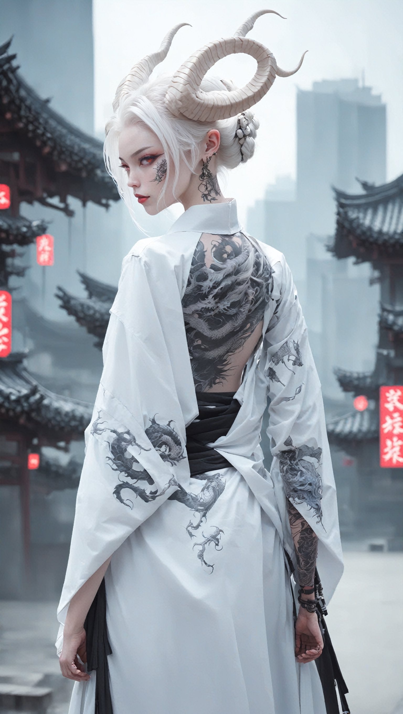 1 girl, (masterful) albino demon queen, (long complex horns:1.2), 
,hakama,gaiter,kanji tattoo,kimono back wide open,beautiful tattoo,
cyberpunk city background,photo_b00ster,ct-niji2,dragon tattoo,GlowingTat