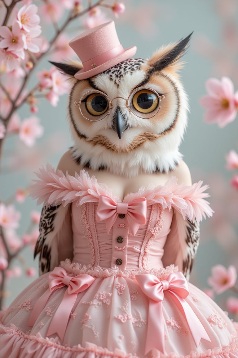 1girl,Anthropomorphic owl in sleeveless, off-shoulder pink Lolita fashion. Ruffled bodice with sweetheart neckline, adorned with bows and lace,Voluminous skirt with petticoat, decorated with delicate floral patterns. Owl's natural feathers seamlessly blending into fabric. Large, expressive eyes behind ornate glasses. Tiny top hat perched askew,Soft, pastel background with cherry blossoms. Whimsical blend of avian features and kawaii Lolita style. Fairytale-like atmosphere