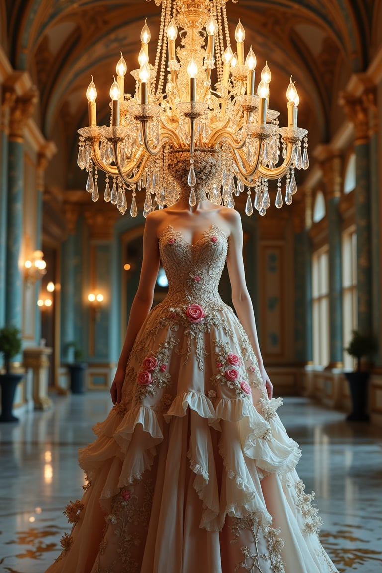 Object Head, an impressive female figurine, whose face is replaced by a magnificent, sparkling chandelier, in the style of an Object Head character. The chandelier is intricately designed, with ornate crystal pendants and delicately carved gold arms supporting flickering candles. Light radiates from the chandelier head, casting soft, shimmering reflections onto her elegant Rococo gown. The dress is beautifully crafted, made of rich silk fabric in pastel tones, embellished with intricate lace, floral embroidery, and layers of ruffles.
Her posture is graceful and poised, as she stands in a large ballroom with a lavish Rococo interior featuring gilded mirrors, marble floors, and magnificent arches.,NeemoFairy