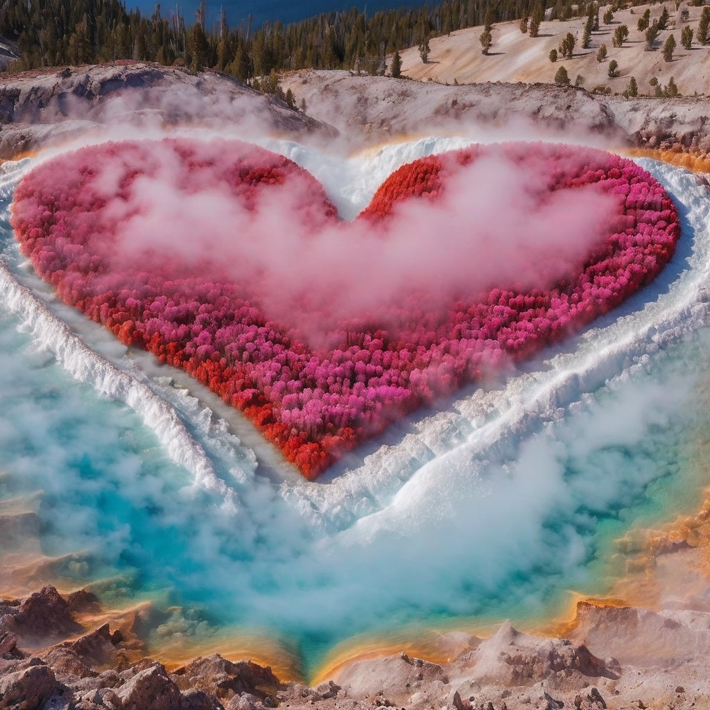 Picture a Yellowstone National Park geyser surrounded by a vibrant sea of blooming ❤ ❤ ❤,Geysers spewing out large numbers of hearts  ❤ ❤ ❤,Geyser in the shape of a heart symbol, their petals carpeting the ground in every shade of red, pink, and white imaginable. Amidst this floral paradise, the geyser's steam rises like a veil, casting a soft, ethereal glow over the scene. The scent of roses fills the air,grandpr1smat1c,Flora,ap0l0veh3art5 style