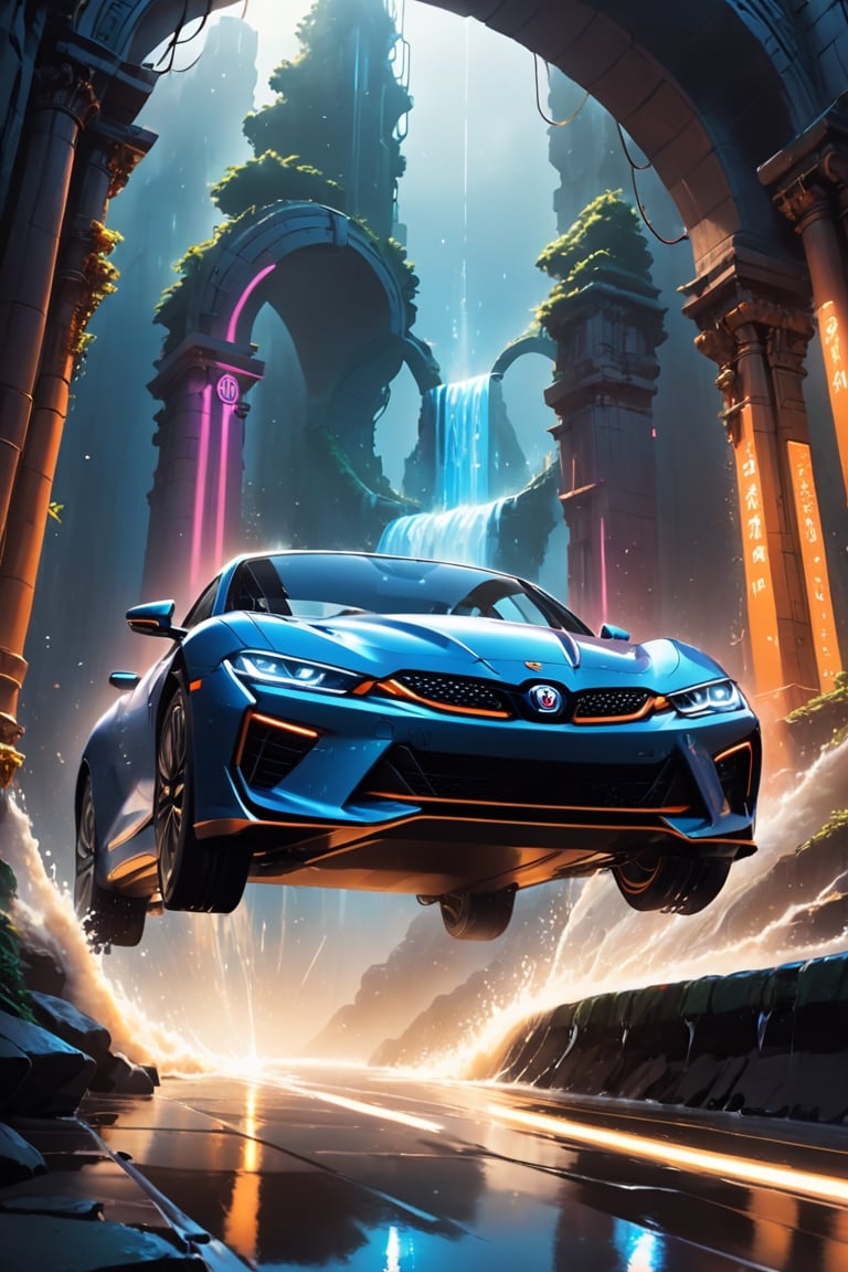 As the sports car, accelerates, it leaves a trail of splashing water, forming graceful arches in the air. In that fleeting moment, the dynamic beauty of the scene is captured, with the splashes shimmering dynamically under the reflection of light, resembling the trajectory of a dancer. Despite the resistance of the wind, the car surges forward with determination, akin to a brave warrior charging into uncharted territories. This moment symbolizes speed, ,nocturne,H effect