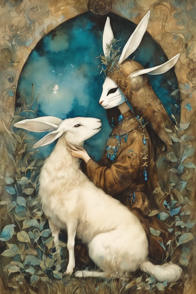 fairy tale illustrations,Simple minimum art, 
myths of another world,
pagan style graffiti art, aesthetic, sepia, ancient Russia,(holy bard),
A female shaman,(wearing a rabbit-faced mask),nodf_xl, in the style of esao andrews,rabbit kissing sheep,
watercolor \(medium\),jewel pet