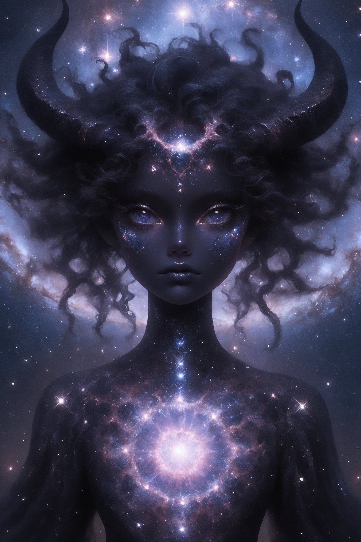 1 girl, (melanism), melanism demon girl,((slit pupil eyes)),solid black skin, mesh fishnet blouse,  (soft expression), Depth and Dimension in the Pupils, So beautiful eyes that Has deep clear eyes, detailed eyelashes,long intricate horns:1.2),Incredibly beautiful looks,girl entire body is overlaid with the cosmic wonders of outer space,Envision her seamlessly merging with galaxies, stars, and nebulae, creating a surreal and ethereal appearance. Capture the celestial glow and intricate cosmic patterns enveloping her entire figure. Optimize for a visually captivating composition that conveys the harmonious fusion between the woman and the vast beauty of the universe, resulting in a mesmerizing and otherworldly cosmic entity,