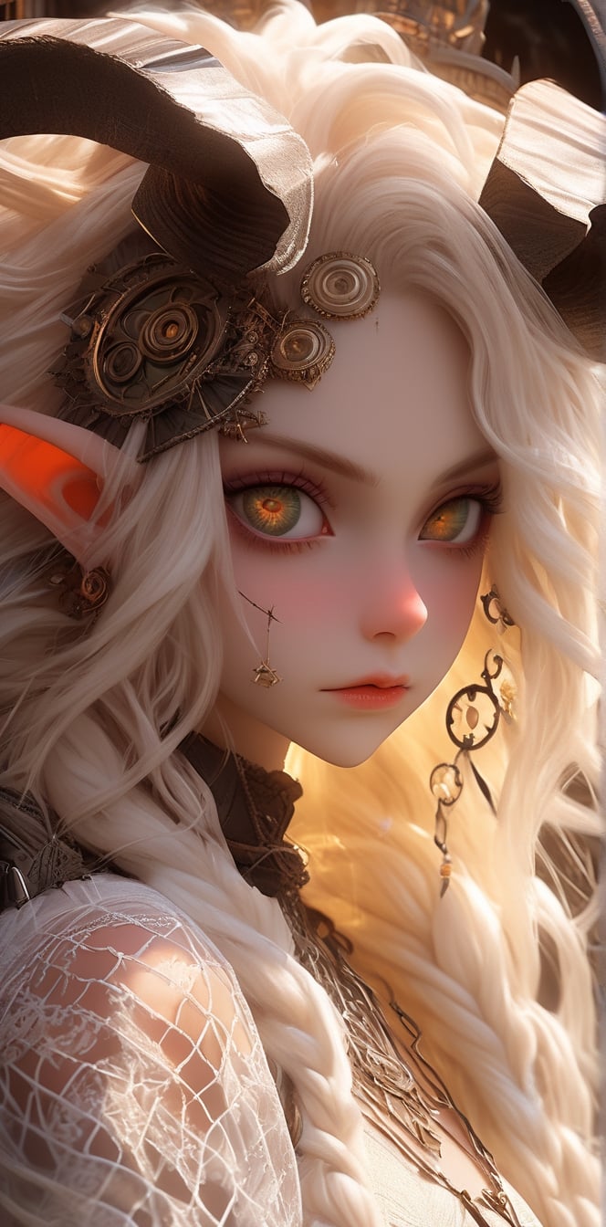 1 girl, (masterful), albino demon girl with lethargic sleepy smokey eyes,(white dreadlocks hair),((slit pupil eyes)),mesh fishnet blouse, (long intricate horns:1.2) ,
best quality, highest quality, extremely detailed CG unity 8k wallpaper, detailed and intricate, 
,steampunk style,Glass Elements