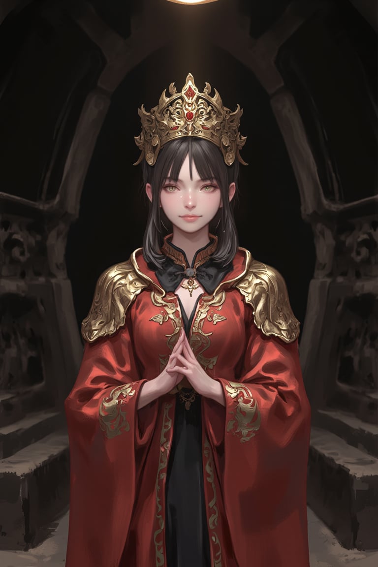 
 anime-style illustration, Little girl, dressed as a Central Asian priestess, combining elements of an oracle and a Taoist sorceress. She wears a traditional Central Asian priestly robe adorned with intricate symbols and embroidery, while a Taoist-style hat rests on her head. Her expression is serene yet mystical, as she appears deep in thought or perhaps casting a fortune. The scene is set within a dimly lit cave, where the shadows dance across the walls, hinting at a deeper, ancient magic hidden within the cavern.",dal style,Made in abyss manga,Adrr-tsfft