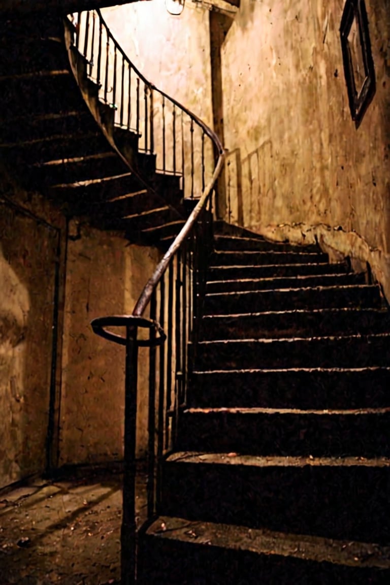 Blurry photo, accidental photofound footage, creepy footage, darkness, stairs, metal stairs, dark spiral staircase, pov,Infrared_photography