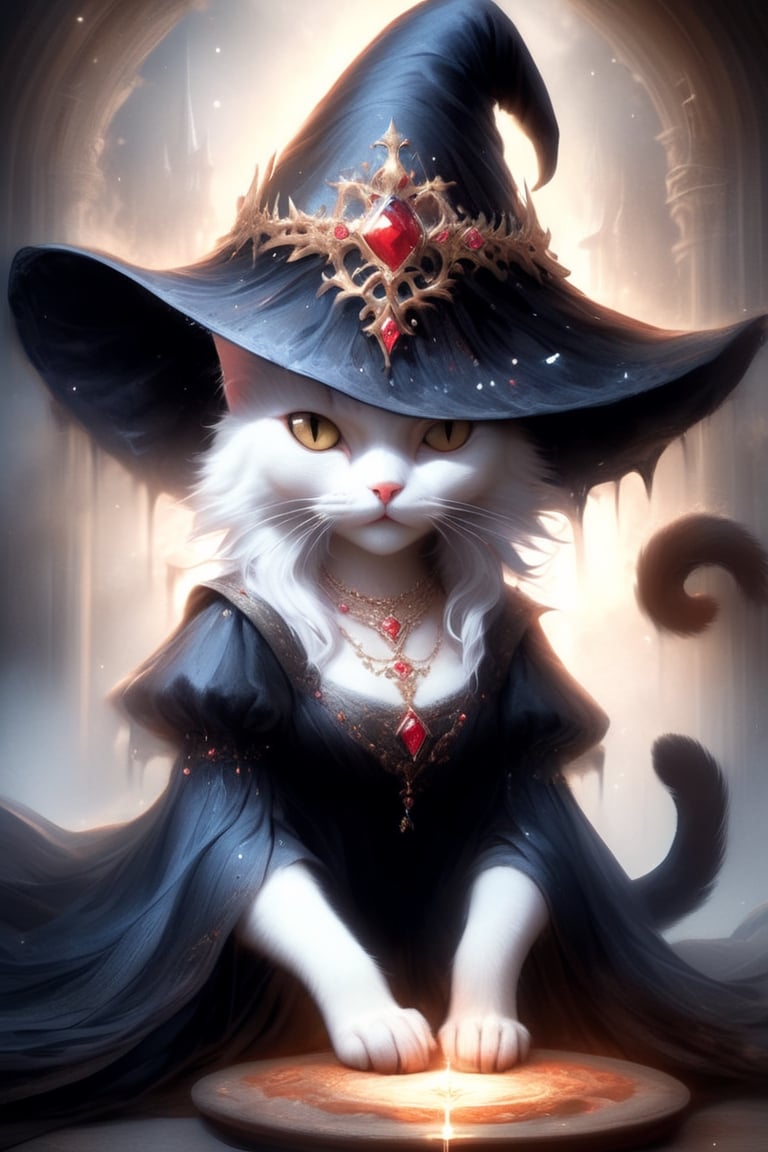  Cait Sith,cat In the mystical realme,
In the realm of feline aristocracy, behold the magnificent Cait Sith, bedecked in regal finery and crowned with a witch's hat. With fur as dark as midnight and eyes that gleam with noble bearing, she exudes an air of majesty and grace.Draped in luxurious garments adorned with intricate patterns and jewels, she commands attention with every step, her presence evoking awe and reverence. Her witch's hat, embellished with mystical symbols, serves as a symbol of her authority and arcane prowess.
,anthro,a1sw-InkyCapWitch,Decora_SWstyle