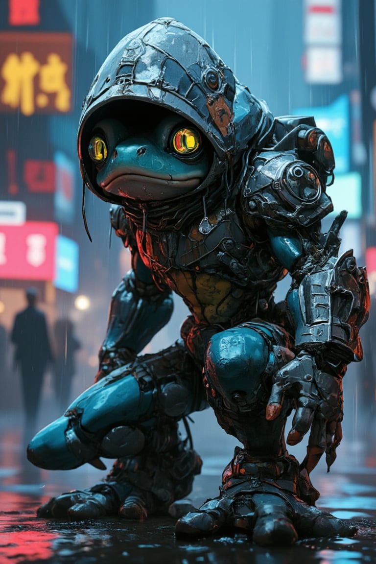 Anthropomorphic frog character in cyberpunk theme. Wearing a heavy, high-tech cyber suit with a large hood. Suit is weathered and grimy, with neon accents and exposed circuitry. Frog's face peering out from shadow of hood, with large, bioluminescent eyes. Moist, textured skin visible on face and hands. Chunky boots with hydraulic components. Neon-lit rainy cityscape in background. Photorealistic rendering with sci-fi elements. High detail, 8K resolution, dramatic lighting emphasizing the hood's shadow,lyh,Anime Style,ct-identityV2