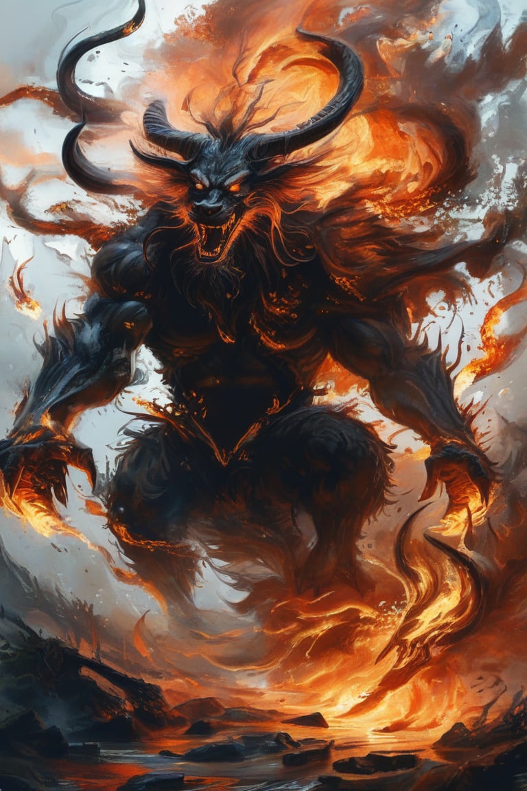  powerful ink painting, the Balrog from The Lord of the Rings,The creature is depicted in dramatic, sweeping brushstrokes that capture its immense size and terrifying presence. The Balrog's fiery mane and wings are illustrated with bold, dynamic lines, while its dark, shadowy form is accentuated by deep, inky blacks,Flames and smoke swirl around it, rendered with intricate, expressive strokes that convey a sense of movement and chaos. The background is a stark, contrasting void, allowing the Balrog's fearsome,ek_game_3ffect,ek_ges1ba