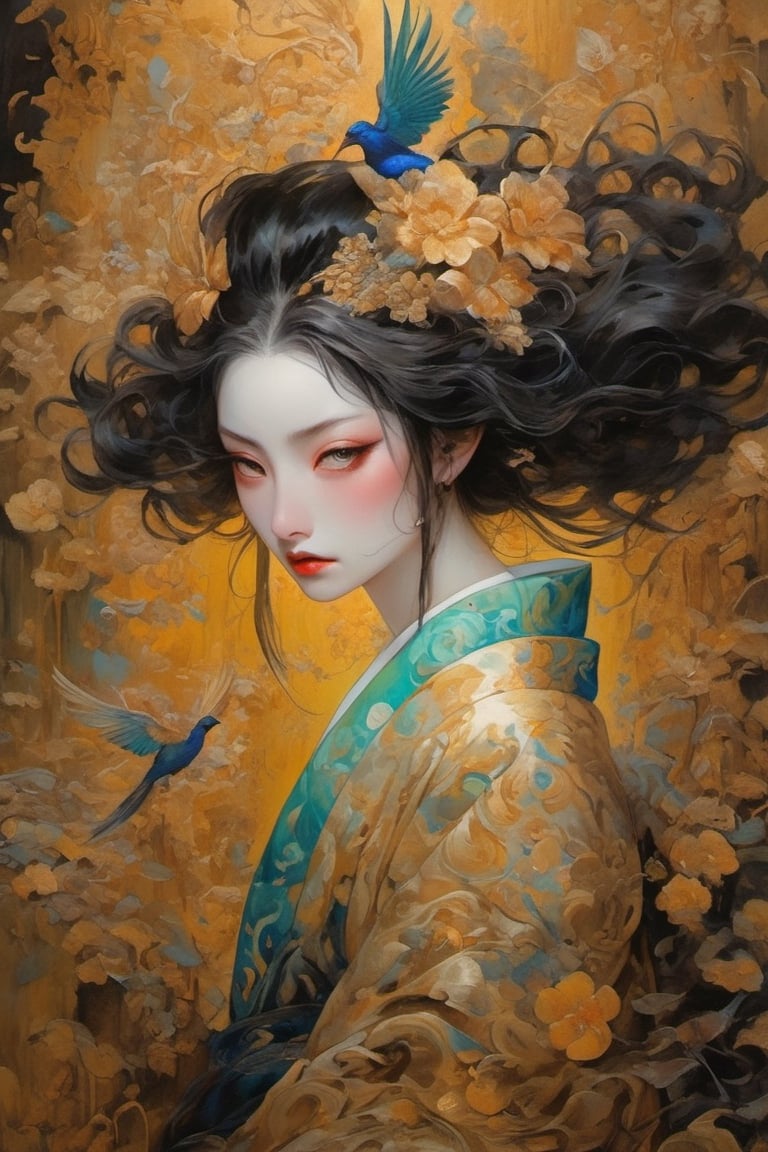 gold leaf painting,
beautiful vampire,blurred eyes,peacock feathers, bright, pastel, exotic atmosphere, complex embroidery, meticulous brushwork, frontal composition, dynamic shots of watching the flow of black ink: Realistic masterpieces with , Drips golden paint, nightmare flames, eye details DonMASKTexXL, tropical, witch, tropical style, gold tiara
,japanese art