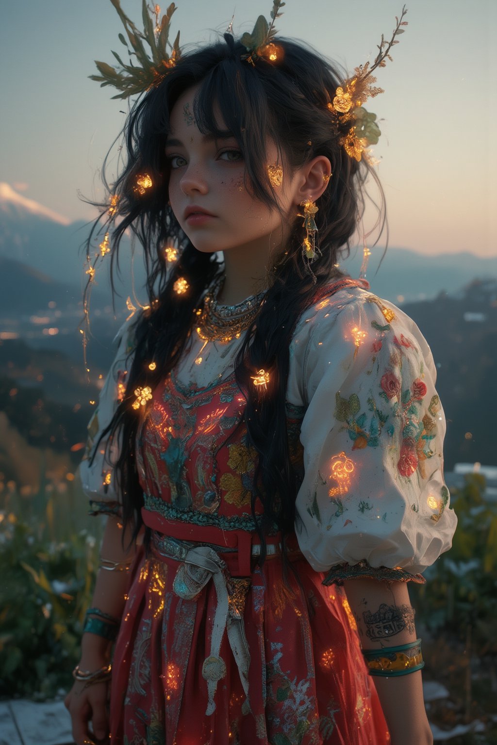 1 girl,
Portrait of an exotic beauty in traditional Bulgarian folk costume. Olive skin, high cheekbones, captivating green eyes, beautiful flowing black hair, braided hair, intricate robe, white embroidered blouse with puffy sleeves, colorful vest with intricate LED-illuminated embroidery, crimson pleated skirt,((LED-illuminated embroidery on the costume)), intricate floral and geometric patterns emitting soft light in gold and pastel colors. Ornate apron decorated with LED-illuminated threads, strings of sparkling beaded necklaces, LED-illuminated flower-shaped hair accessories adorning long black hair in traditional braids emit an ethereal light, delicate golden threads woven into the braids are softly illuminated, panoramic background of Bulgarian countryside. Highly detailed texture of fabric and embroidery. 8K resolution, photorealistic style with fantasy elements.,maya_model,Neon,lyraecho