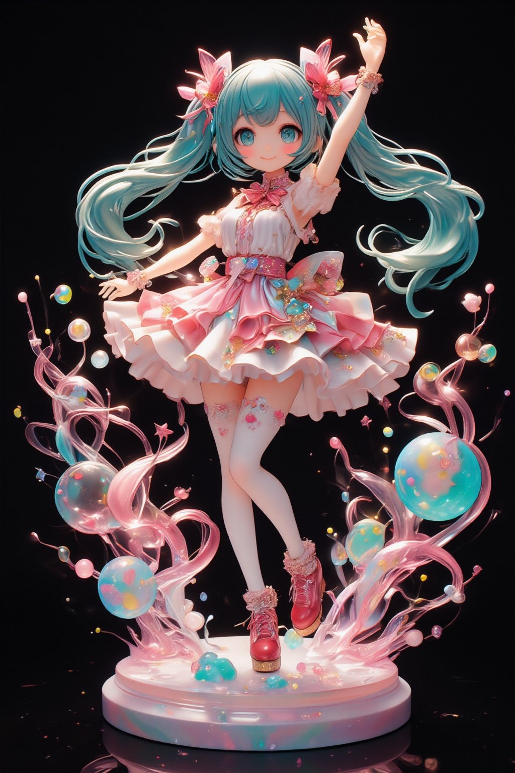 masterpiece, highly detailed, 1/7 scale anime figure, cute anime girl, long twin tails, turquoise hair, blue eyes, white and pink dress, red platform shoes, white thigh-high socks, cheerful expression, raised arm waving, colorful ribbons and bows, transparent swirls, star shapes, magical girl aesthetic, vibrant colors, pink and blue color scheme, dynamic pose, standing on circular base, translucent effects, shiny surfaces, intricate details, professional lighting, dark background, product photography style, sharp focus, high quality, 8k resolution,create figure 2