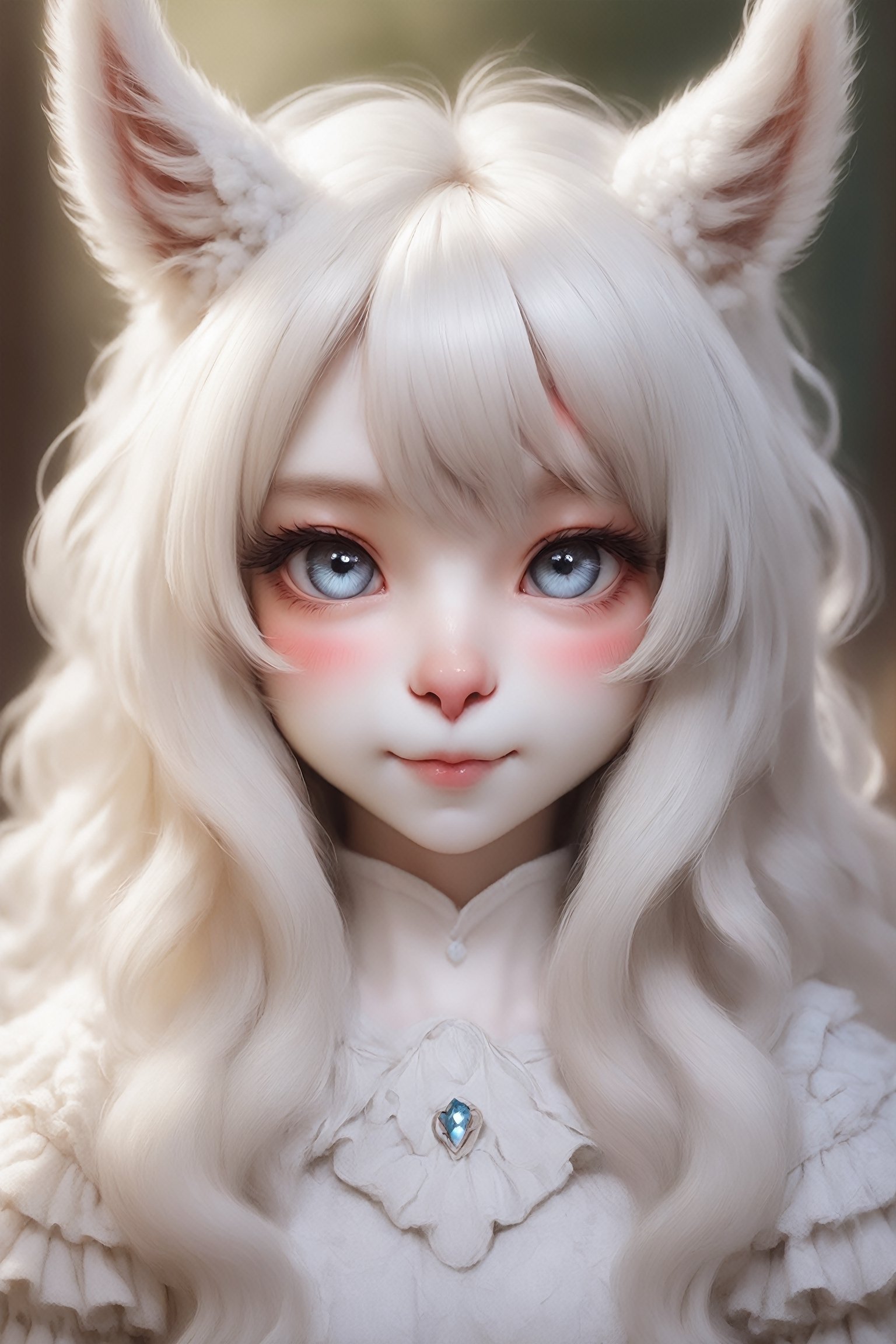  alpaca girl,((anthropomorphic alpaca girl)), with soft, fluffy hair in a beautiful shade of white, large expressive eyes and long eyelashes, and ears on her head that resemble those of an alpaca. She is playful, kind, and exudes an aura of calm. Anthro,anthro,knight,photo r3al,photo,yoomin
