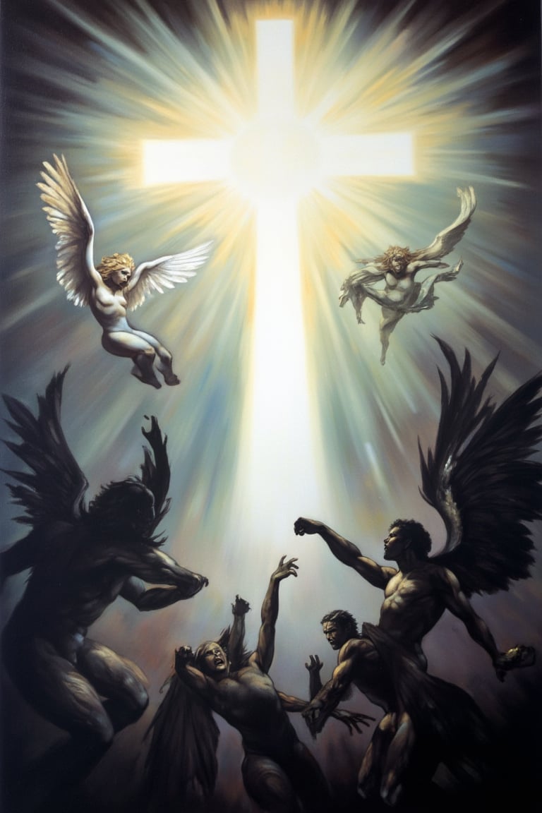 "A dramatic scene of a glowing, floating cross suspended in the sky. Above, radiant angels with pure white wings fly gracefully, their ethereal presence illuminating the area. Below, fallen angels with dark, tattered wings are rising upward, their expressions fierce and desperate as they try to seize the cross. The sky is a mix of light and shadow, reflecting the celestial and infernal forces clashing. The contrast between the angels and the fallen ones is stark, with the former exuding serenity and the latter chaos. The atmosphere is tense, as if a battle between good and evil is about to erupt.",OIL,FANTASY,PAINTING