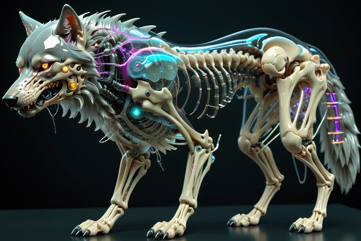 Imagine a cyberpunk-style anatomical artwork of a wolf monster. The creature's body is transparent, revealing its intricate internal skeleton. Neon lights highlight the bones, giving them a glowing, futuristic look. Wires and cybernetic implants intertwine with the bones, adding a high-tech aspect to its anatomy. The wolf's eyes are luminous with digital irises, and its claws are reinforced with metallic enhancements. The background features a dark,c1bo