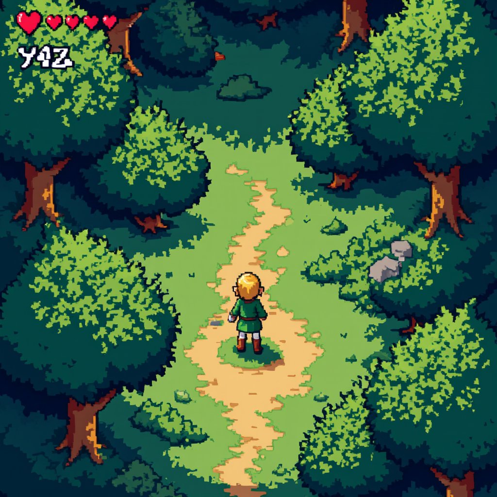 
"A pixelated game screen from the Super Famicom version of The Legend of Zelda: A Link to the Past. The scene shows the iconic top-down view of Link standing in a lush, green forest. He wears his classic green tunic and hat, with a small sword and shield equipped. The environment is richly detailed with pixel art trees, bushes, and rocks. A narrow dirt path winds through the forest, leading to mysterious caves and dungeons. On the HUD at the top of the screen, Link’s health is represented by small red hearts, with his inventory displayed on the right side, showing items like the boomerang, bombs, and magic potions. The game’s vibrant colors and detailed textures bring the fantasy world of Hyrule to life in charming 16-bit style, filled with adventure and mystery,Pixel Art