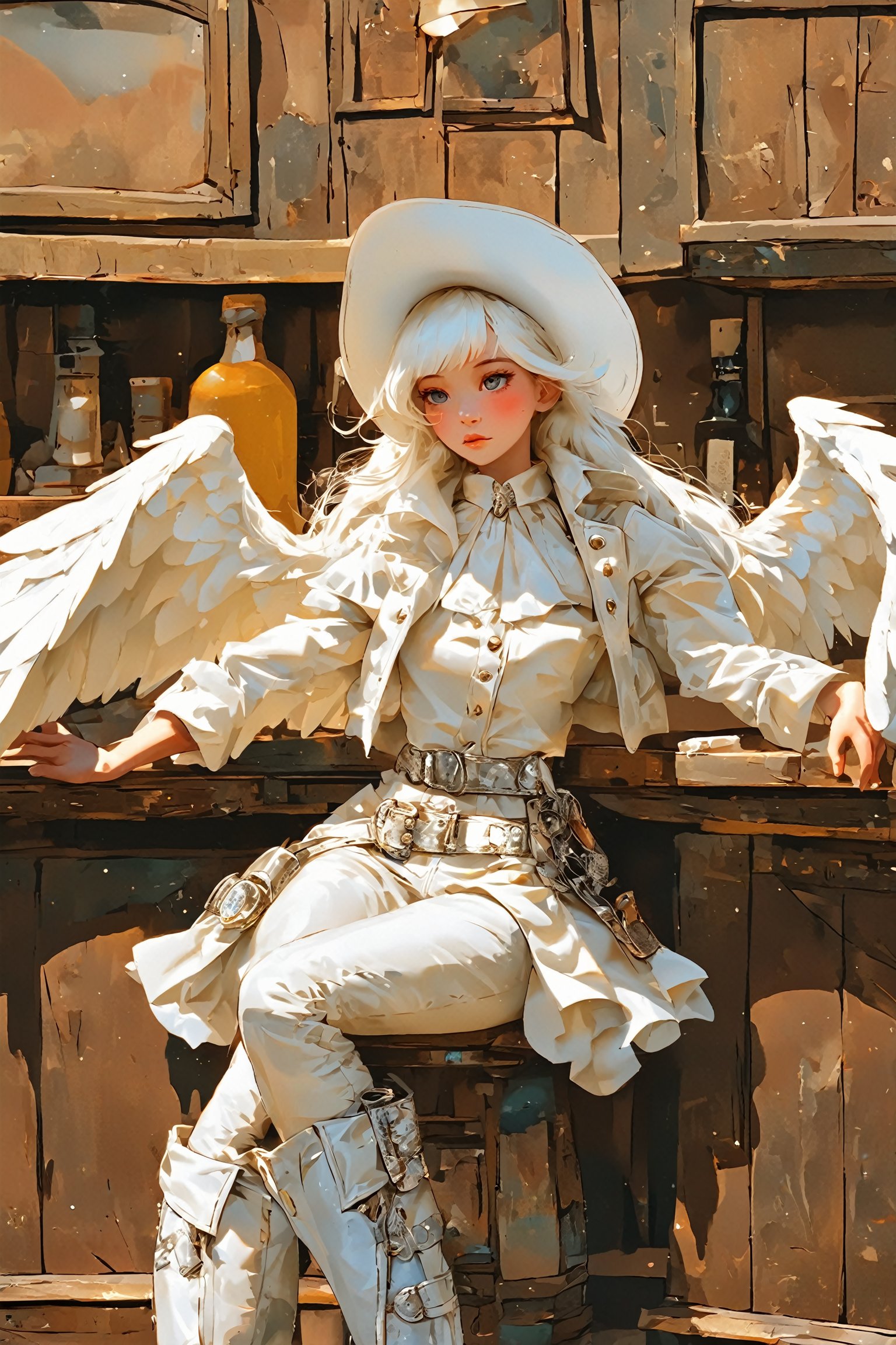  Western saloon,1 Girl,where a little girl dressed in a pure white cowboy costume sits on the counter. Her outfit includes a white cowboy hat, a tailored shirt, fringed jacket, and well-fitted trousers, all in pristine white. Polished boots and a classic belt with a silver buckle complete her look. Adding a touch of ethereal charm, she has pure white wings gracefully extending from her back,AngelStyle,wings,better photography,aesthetic portrait,dal-1