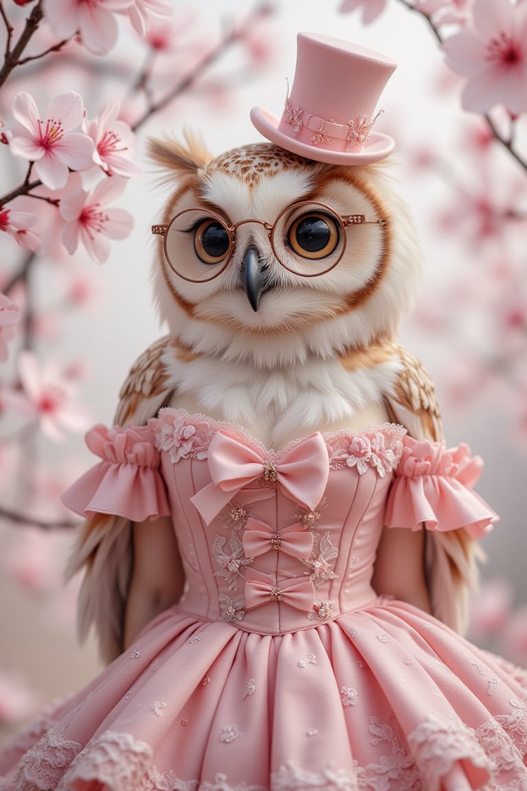 1girl,Anthropomorphic owl in sleeveless, off-shoulder pink Lolita fashion. Ruffled bodice with sweetheart neckline, adorned with bows and lace,Voluminous skirt with petticoat, decorated with delicate floral patterns. Owl's natural feathers seamlessly blending into fabric. Large, expressive eyes behind ornate glasses. Tiny top hat perched askew,Soft, pastel background with cherry blossoms. Whimsical blend of avian features and kawaii Lolita style. Fairytale-like atmosphere