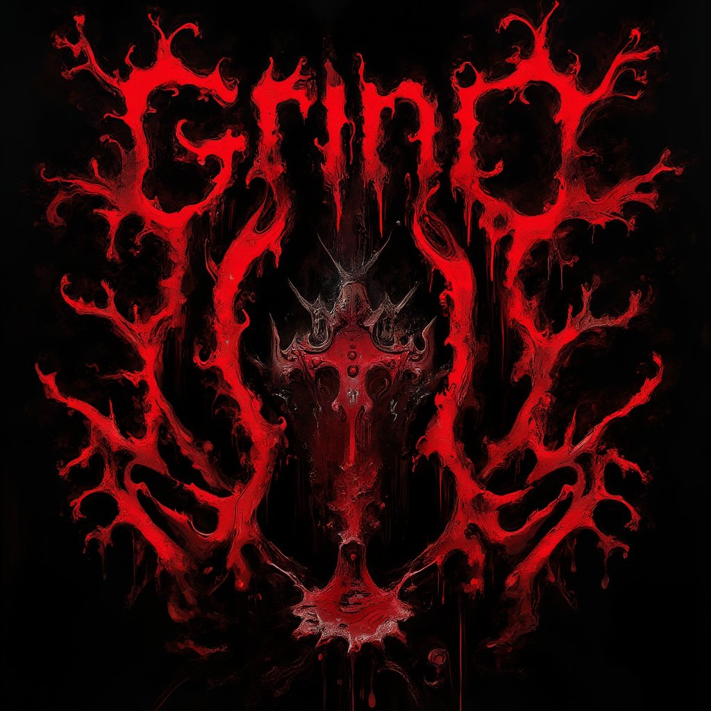 Creepy death metal band artwork, album cover art,
Extreme death metal logo design for the band name "GRIND CORE", Highly complex and bloode red text on pure black background,Sharp, jagged, and elongated letter forms resembling thorny branches or lightning bolts. Symmetrical composition with extensions above and below. Dripping, melting effect on some letters, entire screen has a gloomy, dark atmosphere,Hatune miku, bloody Hatsune Miku wearing a flesh apron placed in the center of the screen, and countless human bones scattered around..,DonM7w1573dW0nd3rl4ndFX,assassinkahb style,DonM5h4d0wM317FX