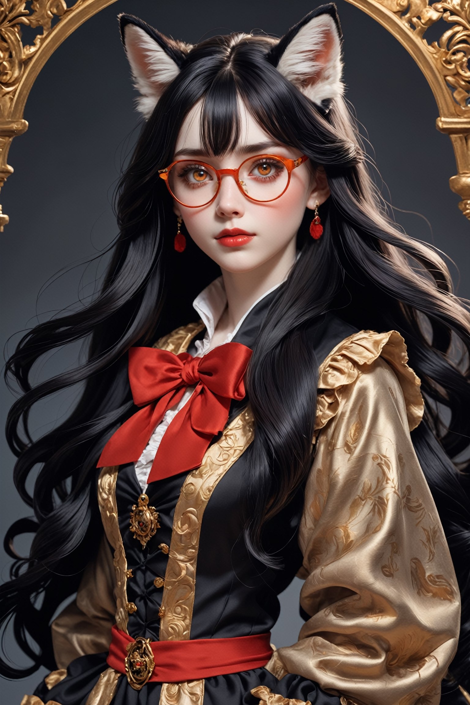 1girl, morbidly pale skin, fox-eared, long black sauvage hair, and a cold orange eyes,luxury gold glasses with glass cord,red lipstick, A frilly ribbon is wrapped around her narrow neck. The girl is wearing a velvet and brocade heraldic surcoat worn by male aristocrats,slender body,Tekeli,black hair,portrait,monocle,DonMM1y4XL