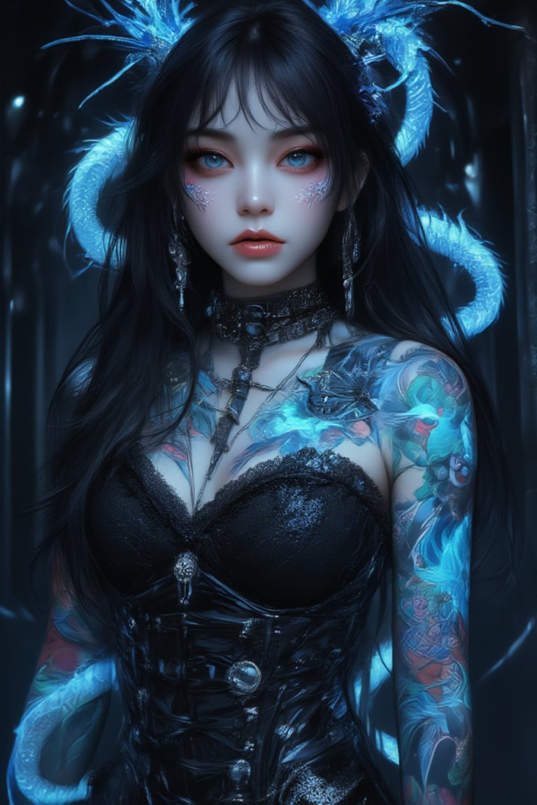 A mysterious gothic emo girl, her long black hair cascading down her pale skin like a black waterfall. Her piercing blue eyes seem to penetrate your heart. Her nose ring sparkles in the dim light. She wears an intricate black lace corset adorned with glowing Japanese-style tattoos that seem to pulsate with otherworldly energy. A blue dragon tattoo wraps around her entire body, intertwined with other luminous designs to make her look almost alive. Tattoo Male, FluxBoost, lightPainting,goth girl