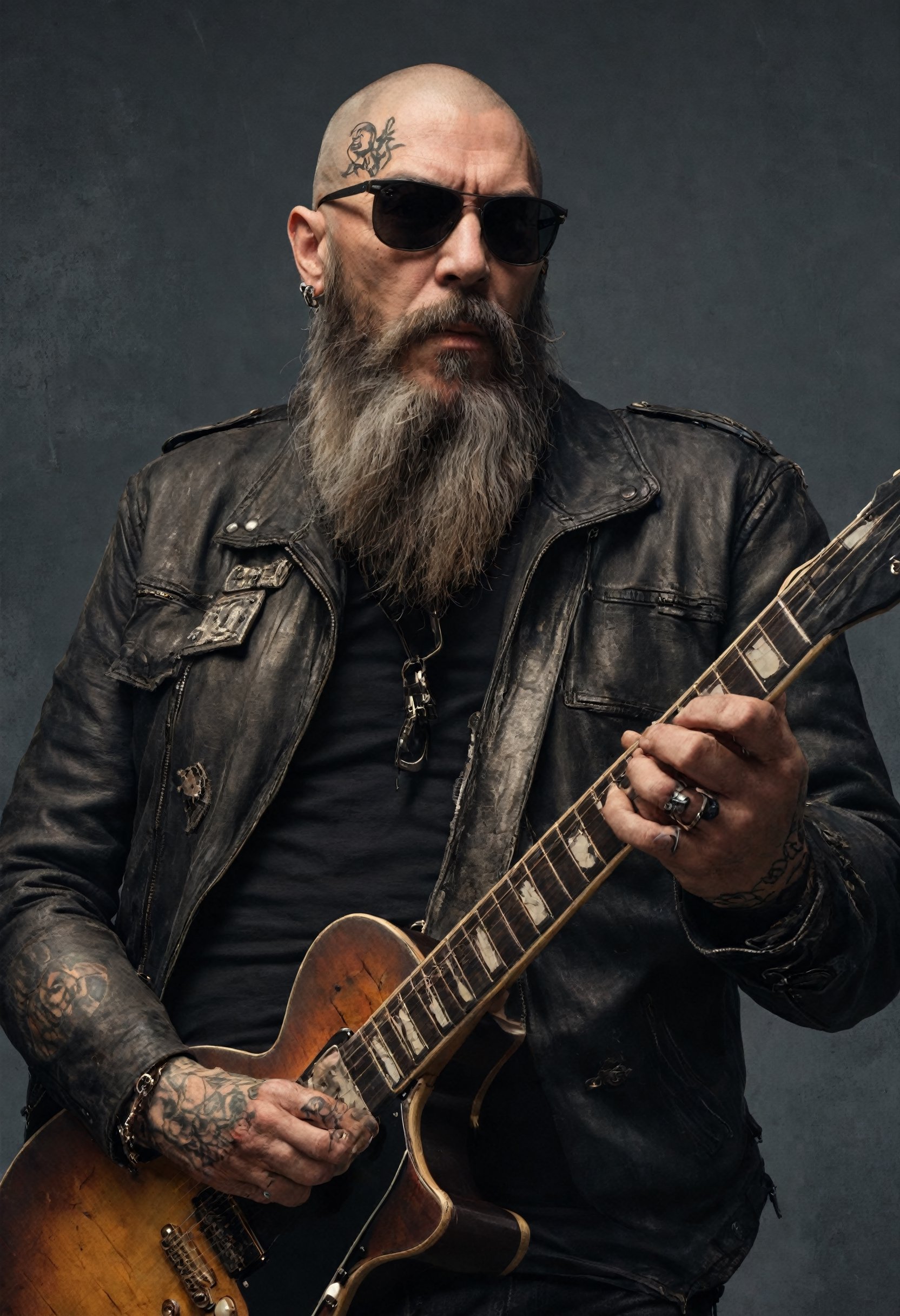 ultra Realistic photo,Tim Armstrong, real punk rock artist, middle-aged man, 50 years old,(skinhead),(head Tattoos:1.5), Ray-Ban sunglasses,very long beard,old worn-out leather jacket, black shirt, rebellious attitude, faded wooden guitar,with a beard,Extremely Realistic,Complete,perfect hand