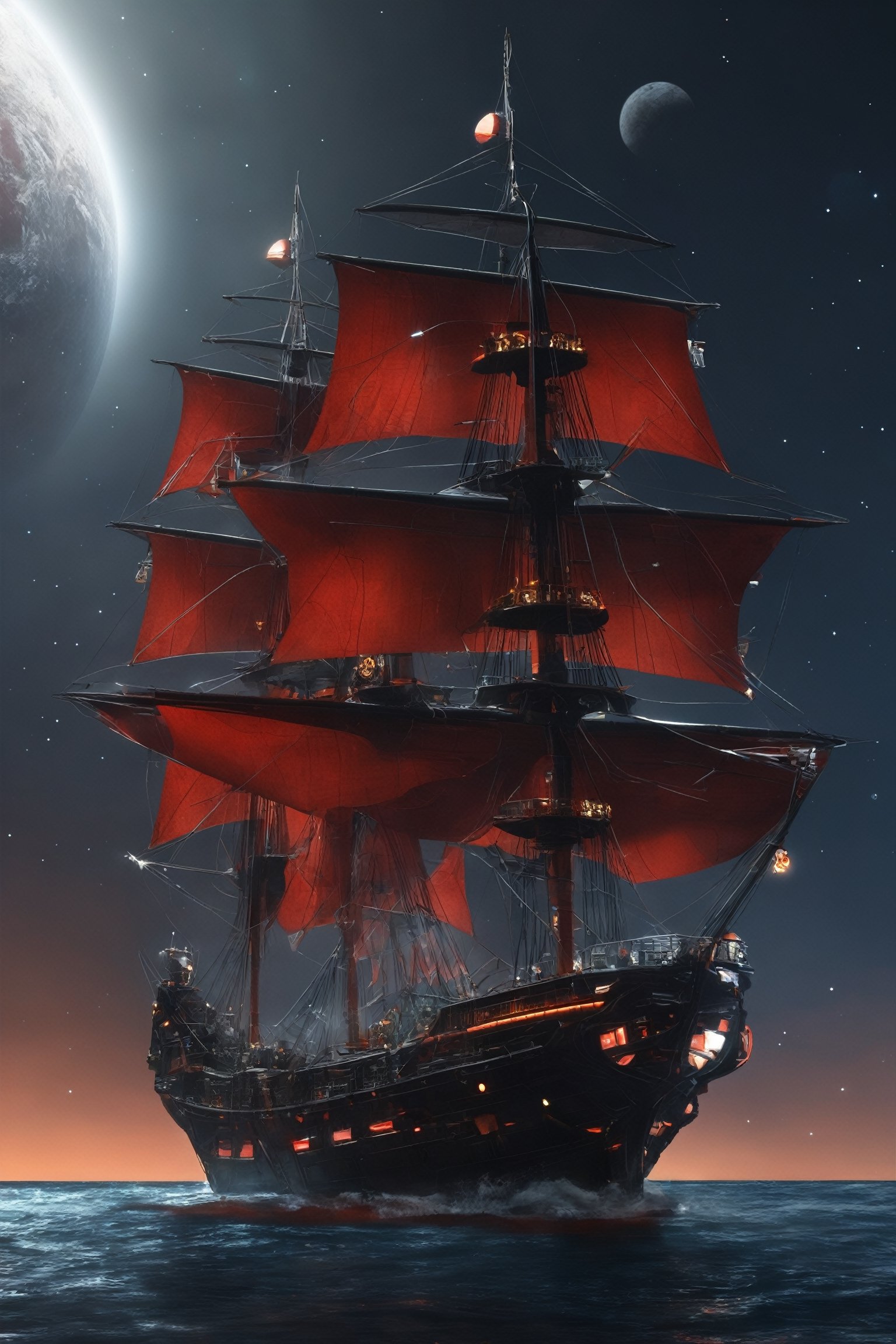 A galleon-class sailing ship built with advanced futuristic science and technology, sailing through the endless expanse of space, its sleek hull made of futuristic materials glows red with the light of LEDs. Propelled by an unknown force, its huge sails flutter majestically as it navigates the tides of space.,galleon