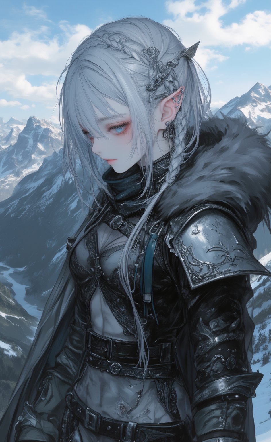 
Extreme detailed,ultra Realistic, beautiful young ELF lady,platinum silver shining hair, long elvish braid, side braid, blue-grey eyes,elf ears, Wearing Celtic leather Armor, hooded cloak, animal fur hood, intricate clothing, animal fur clothing, dark clothing, waistband, scarf, soft smile, bending posture, looking into the distance, snowy mountain scenery, overlooking valley, river, white clouds,Midjourney_Whisper