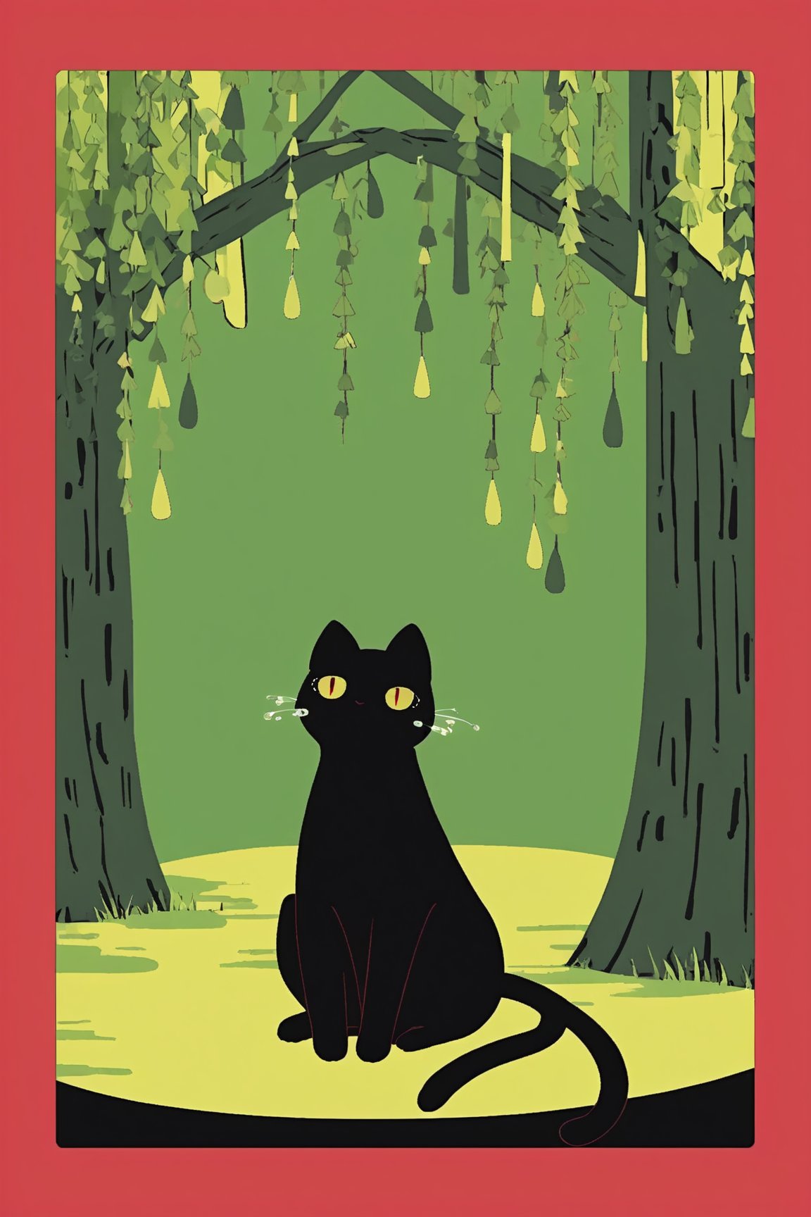 Hanafuda-style art, featuring a weeping willow and a cute black cat,
 Elegant willow branches with delicate green leaves cascade down, A sleek black cat sits beneath, its yellow eyes,Bold, simplified shapes in traditional colors. Red border frames the scene, flat-color-style,