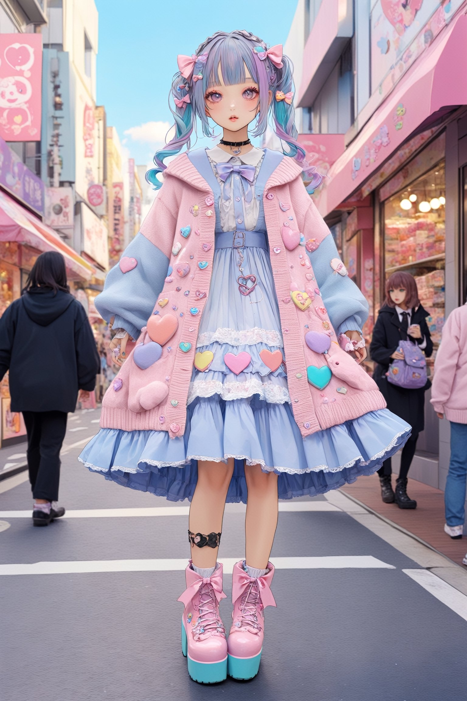 1girl,
Harajuku Style grunge fashion with kawaii and Lolita themes. She wears a distressed pastel dress with lace, an oversized torn cardigan, and chunky platform boots. Her pastel-streaked pigtails are adorned with bows and clips, and her makeup features glitter and heart-shaped stickers. She stands in a vibrant Harajuku street, blending sweetness with a rebellious edge.