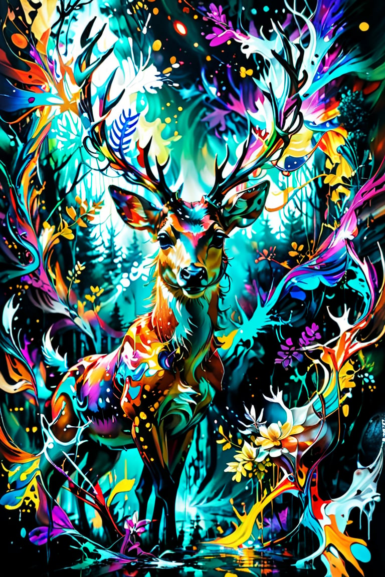 abstract painting Entanglement art,
Crazy colors, awakening, mysterious deer, gigantic, shining antlers, metaphysical deer.,ColorART