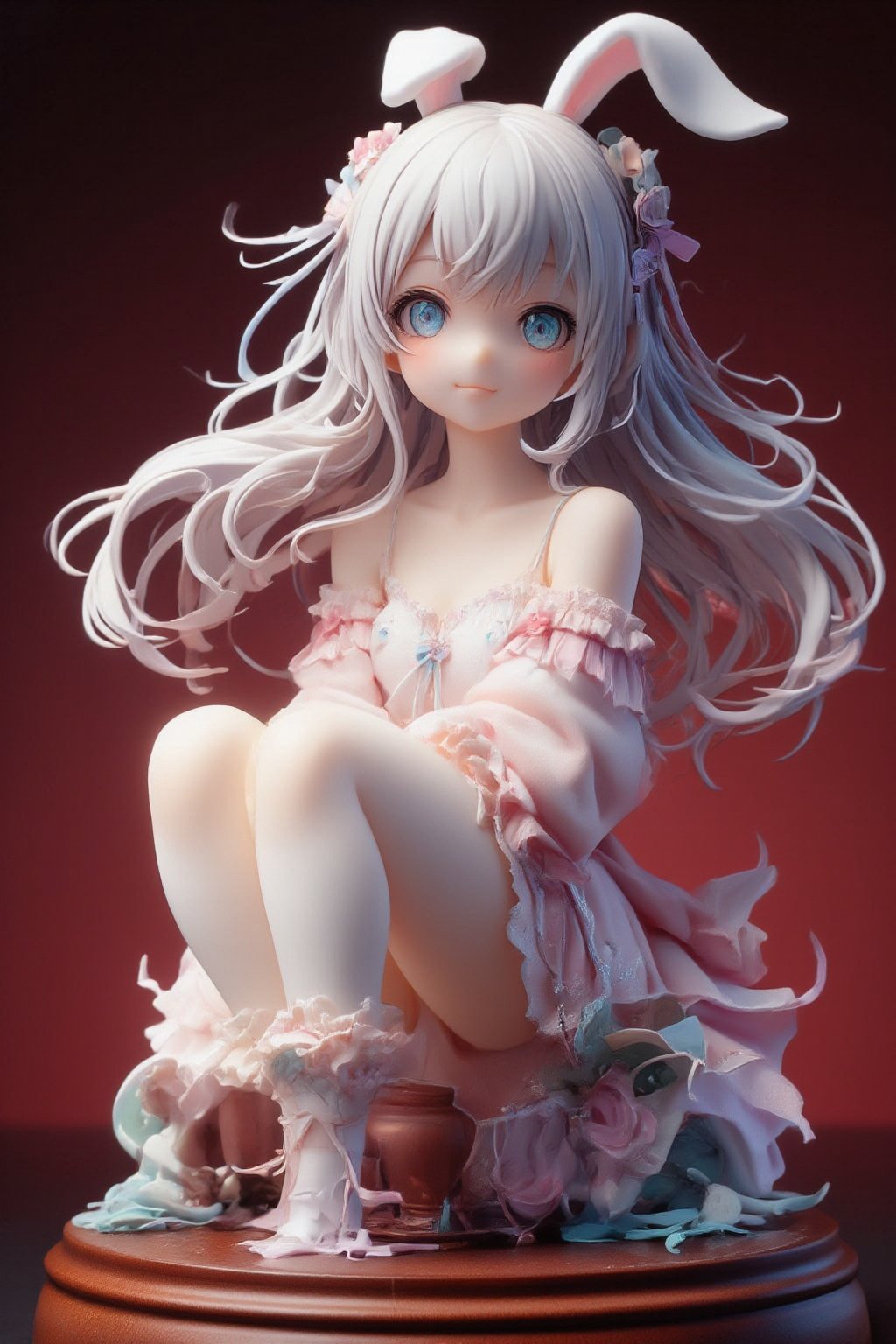 anime figure, white-haired girl with bunny ears, sitting pose, long flowing hair, blue eyes, pale skin, light pink bodysuit, delicate frills and ribbons, cute expression,
circular reflective base, deep red background, studio lighting, high detail PVC sculpture, 1/7 scale, professional product photography, soft shadows, glossy finish, intricate hair strands, subtle pastel colors, contrast with dark background, collectible aesthetic, kawaii style, dynamic composition, 8K resolution, focus on fine details,lyh,dal,create figure 2