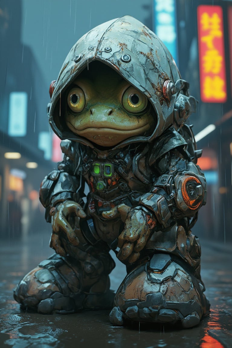 Anthropomorphic frog character in cyberpunk theme. Wearing a heavy, high-tech cyber suit with a large hood. Suit is weathered and grimy, with neon accents and exposed circuitry. Frog's face peering out from shadow of hood, with large, bioluminescent eyes. Moist, textured skin visible on face and hands. Chunky boots with hydraulic components. Neon-lit rainy cityscape in background. Photorealistic rendering with sci-fi elements. High detail, 8K resolution, dramatic lighting emphasizing the hood's shadow,lyh,Anime Style