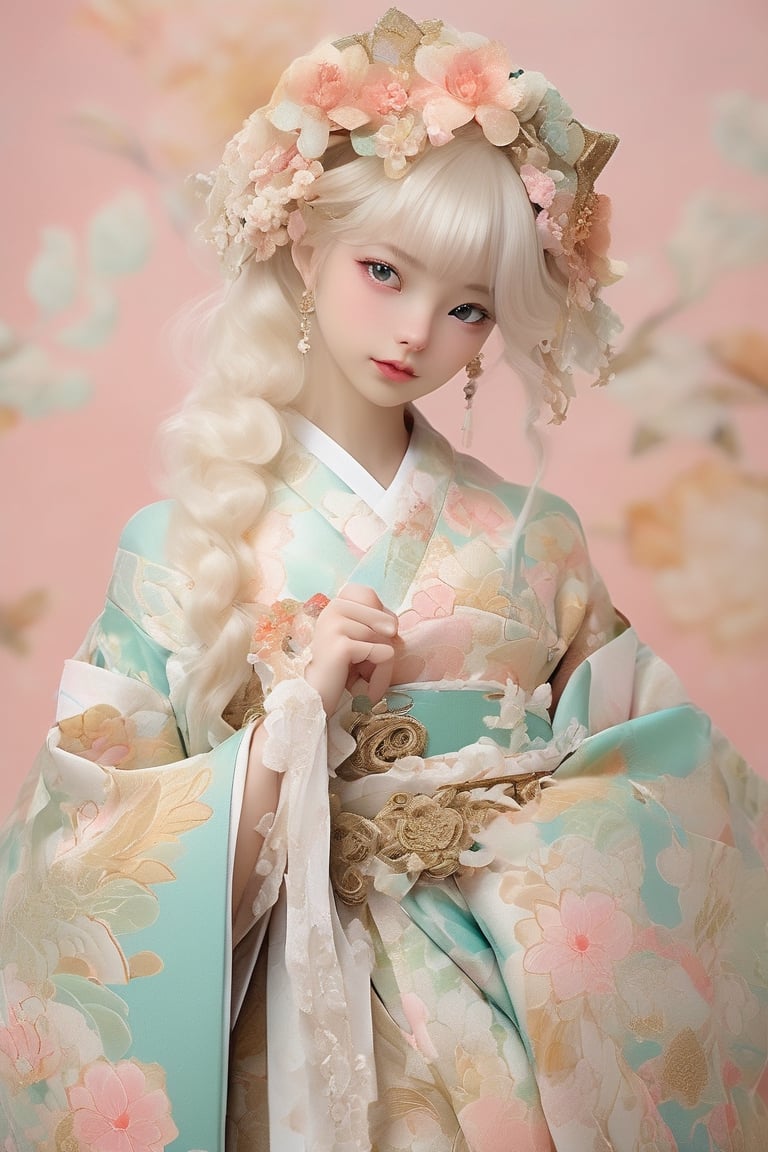 beauty albino fox girl, is adorned in a stunning fusion of Rococo and traditional Japanese fashion,Her kimono is intricately designed with elaborate Rococo patterns, featuring pastel hues and delicate floral motifs. The silhouette of the kimono is accentuated with layers of voluminous fabric, creating a regal and graceful appearance. Completing her ensemble, she wears accessories such as a decorative obi belt and elegant hair ornaments, all adorned with intricate Rococo details,ichika