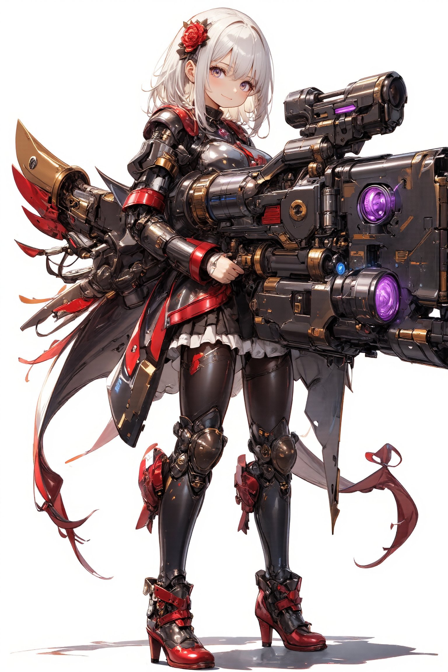 1girl,Anime-style illustration of a fierce young woman, wielding an enormous gatling gun, Character: dual-colored hair, (white and gold twintails), red flower accessories,Outfit: black and red dress with goth-inspired details, thigh-high boots. Expression: determined, slightly cocky smile,Pose: dynamic, holding massive weapon, body turned slightly,
Gatling gun: oversized, futuristic design. Black metal body with red accents and glowing parts. Multiple rotating barrels, complex mechanical details. Gun larger than the character herself,
Color scheme: primarily black and red with white accents,Style: highly detailed anime art, clean lines, emphasis on mechanical designs. Background: plain white, focus entirely on character and weapon.
Additional details: red ribbon-like elements flowing from dress and gun, intricate patterns on clothing and weapon, slight metallic sheen on gun parts. Overall impression: powerful, stylish fusion of traditional Asian aesthetics with futuristic weaponry.,Anime Style,fantasy girl,\mechako\, plasma gun,myth Dark Purple SR