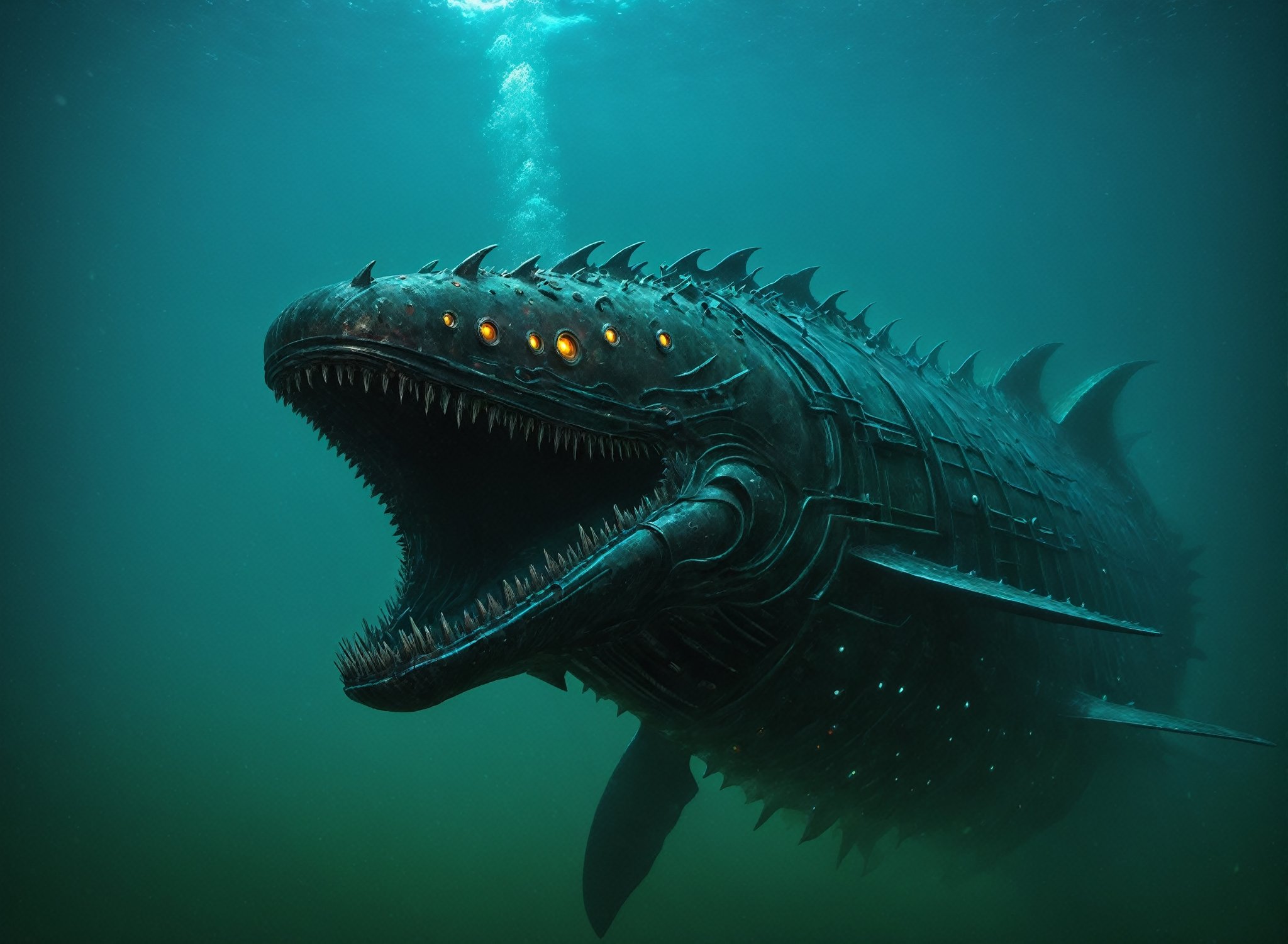 Mechanical Leviathan, giant steel jaws, giant underwater monster, deep ocean floor, soft lighting, dark colors, dark aura, horror, Leviathan sea monster,zavy-cbrpnk,circuitboard